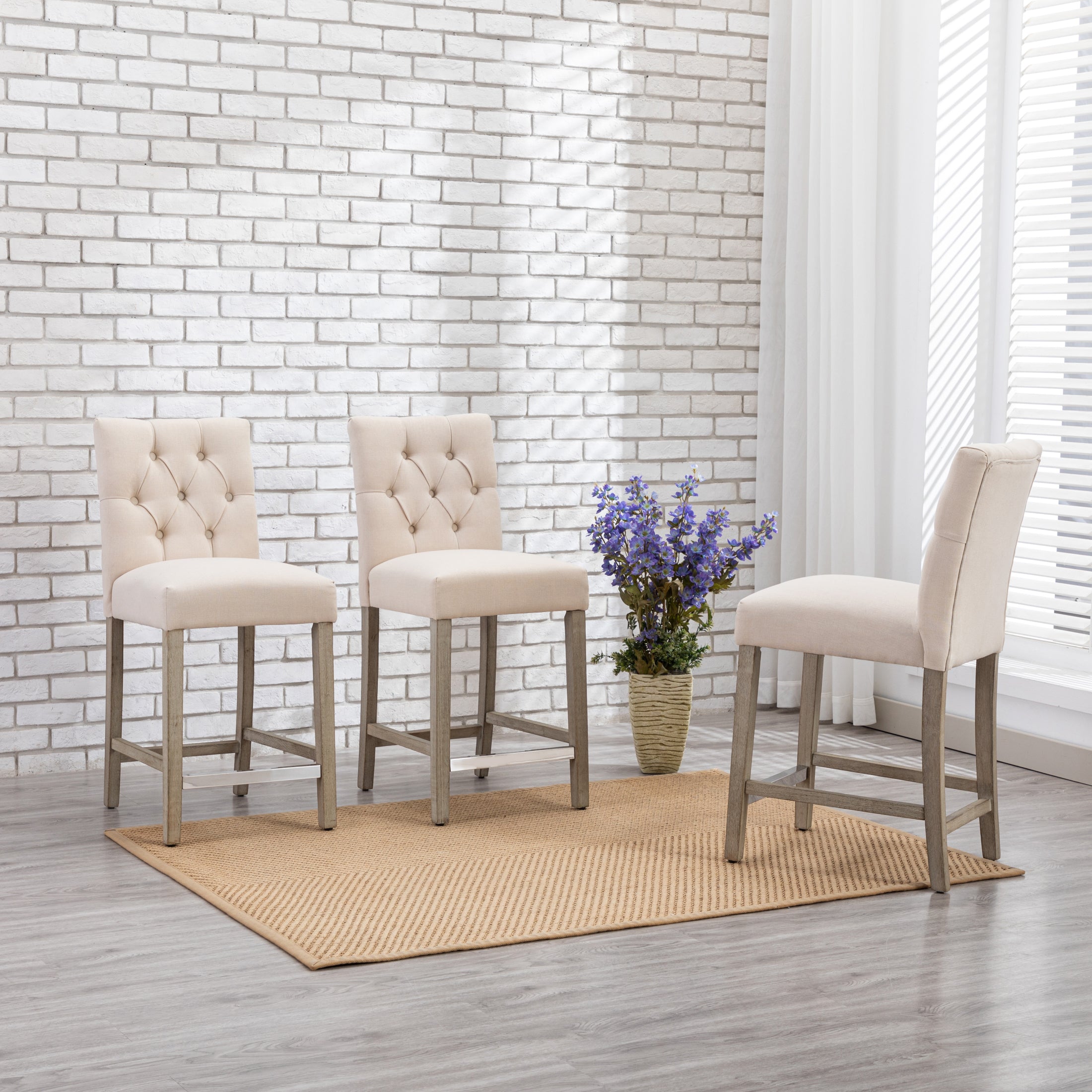 Bellmount 24" Upholstered Wood Counter Stool with Tufted Back (Set of 3)