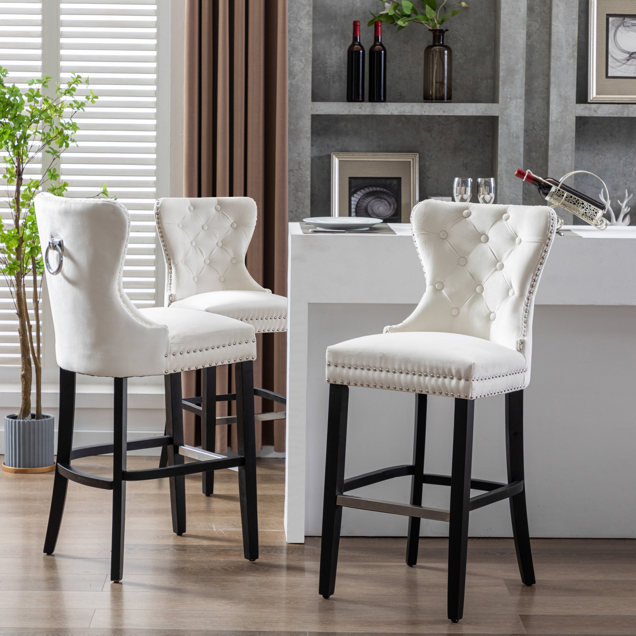 Hank 29" Tufted Velvet Bar Stool (Set of 3), Antique Gray