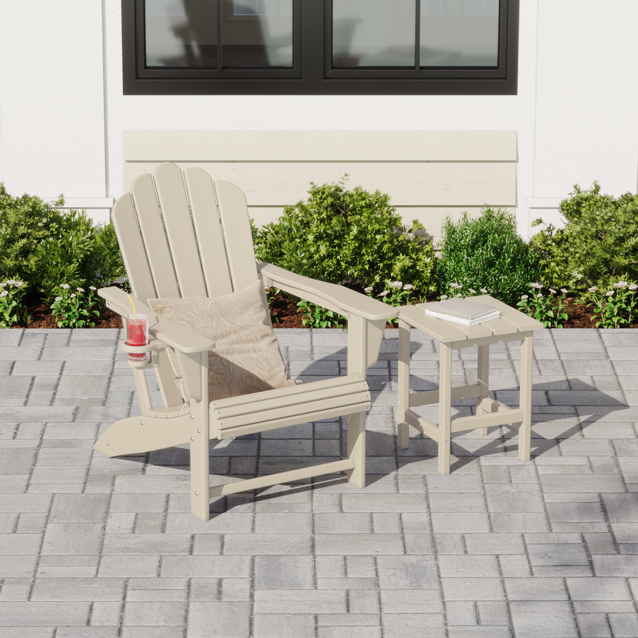 Lakeview Outdoor Patio HDPE Adirondack Chair With Cup Holder and Table Set