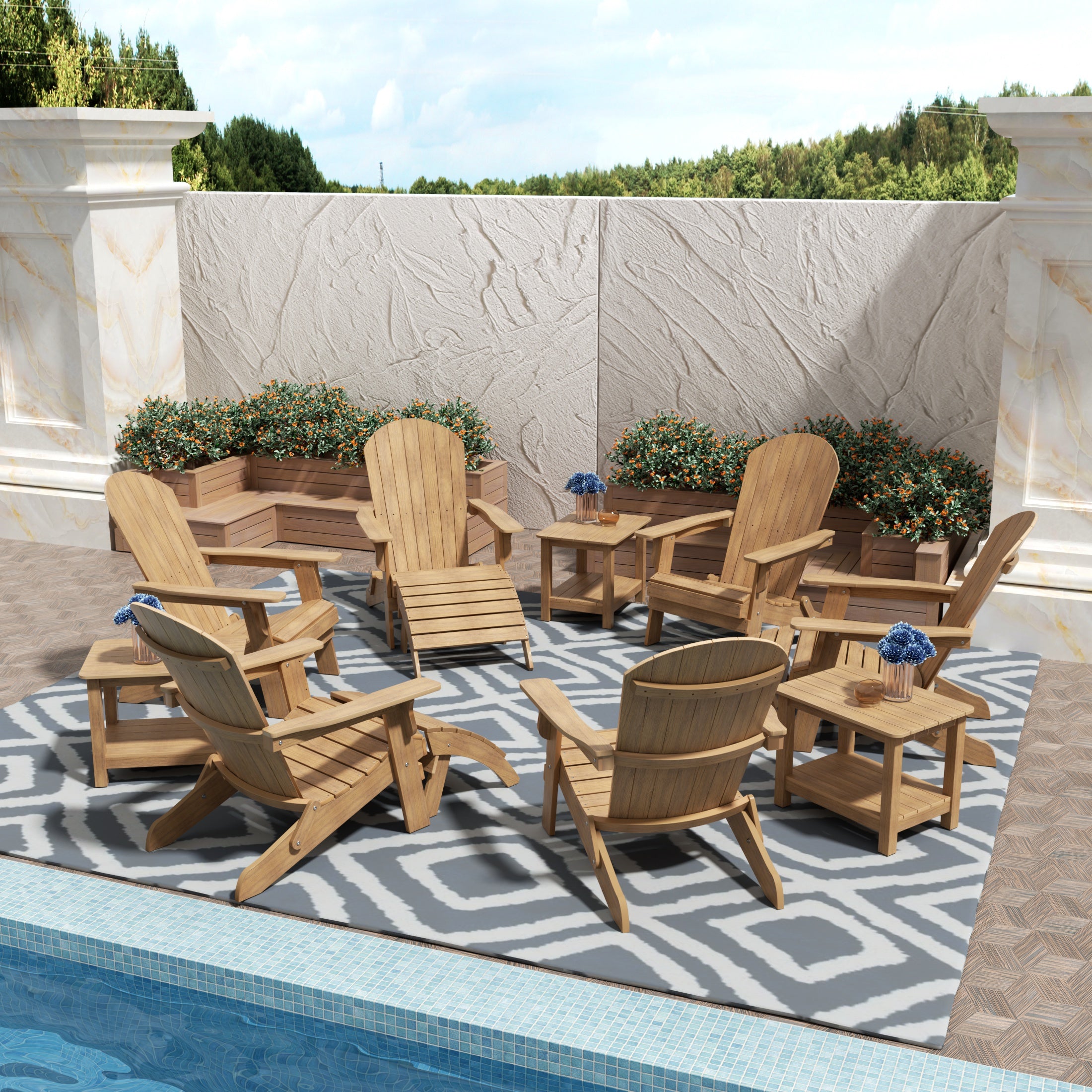 Florence 6 Person Folding Adirondack Seashell With Side Table and Folding Ottoman