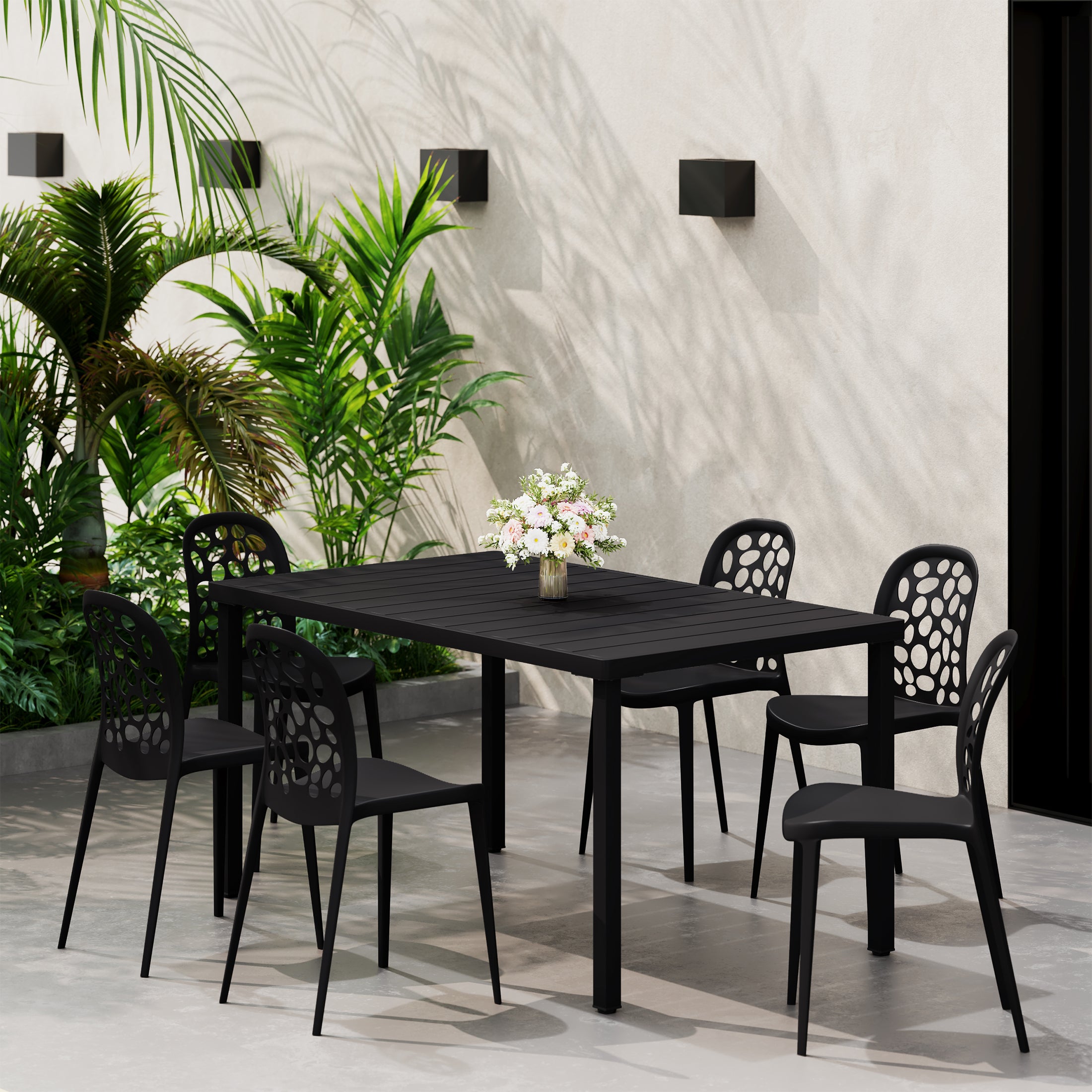 Sunshine 7-Piece Outdoor Metal Rectangle Patio Dining Table Set With Stackable Patio Dining Side Chairs