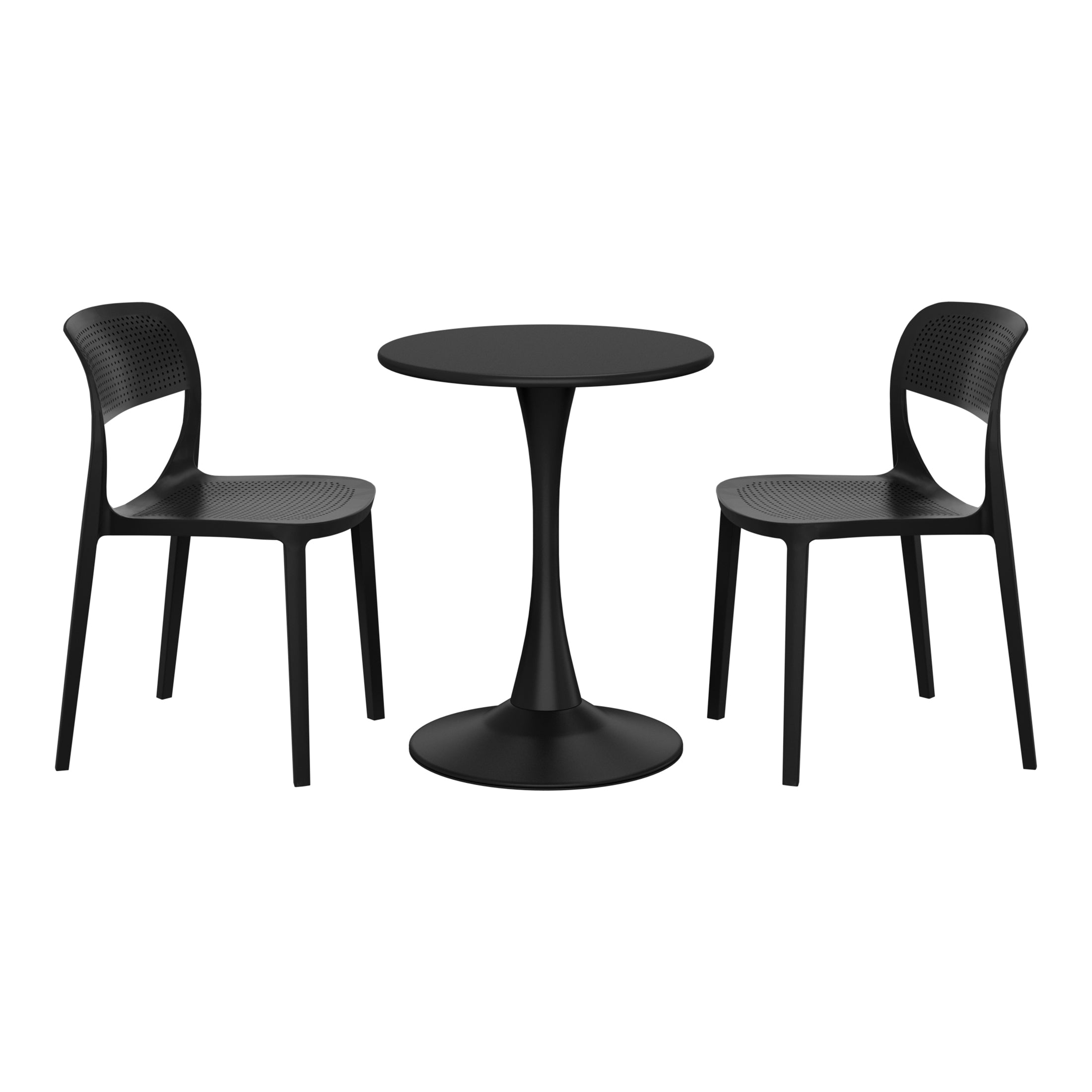 Sunshine 3-Piece Round Metal Bistro Dining Table Set And Stackable Resin Patio Dining Side Chairs