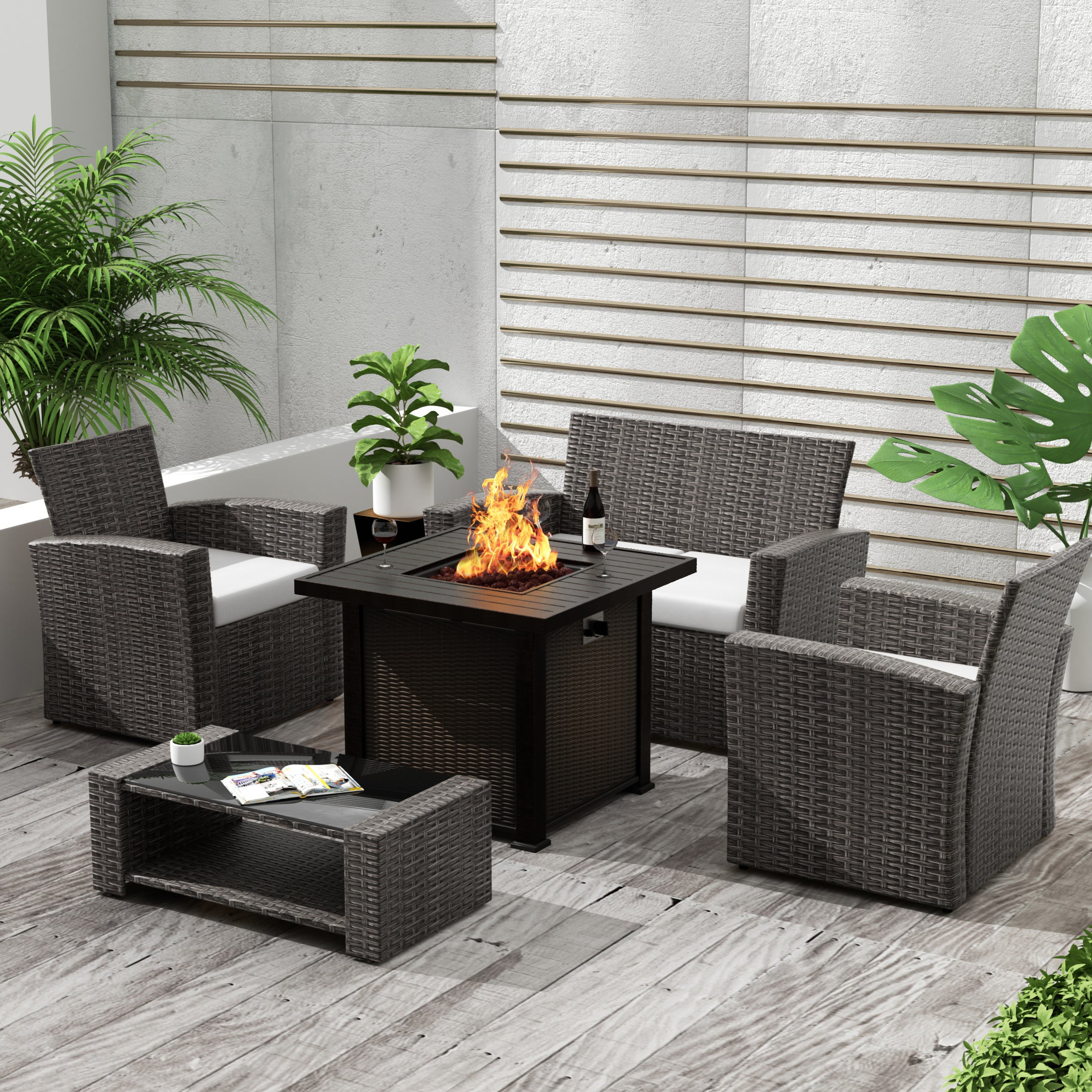 Wynston 4-Piece Conversation Outdoor Patio Sofa Set with Square Fire Pit Table, Gray