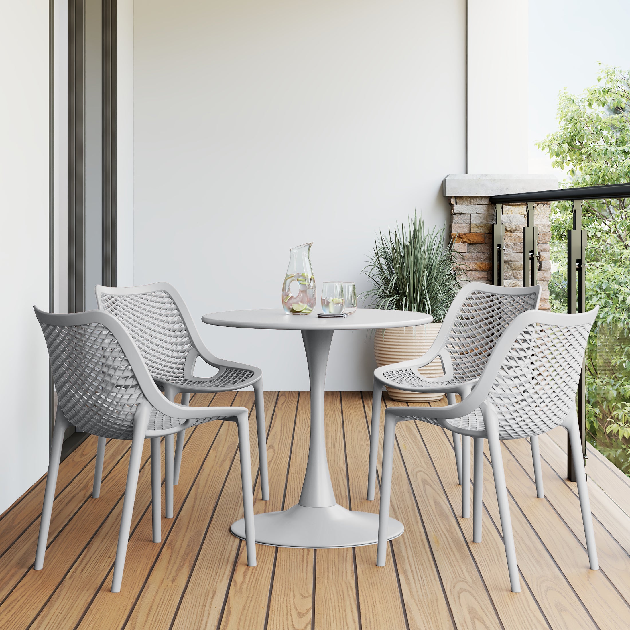 Sunshine 5-Piece Outdoor Indoor Round Metal Dining Table Set And Stackable Resin Patio Dining Side Chairs