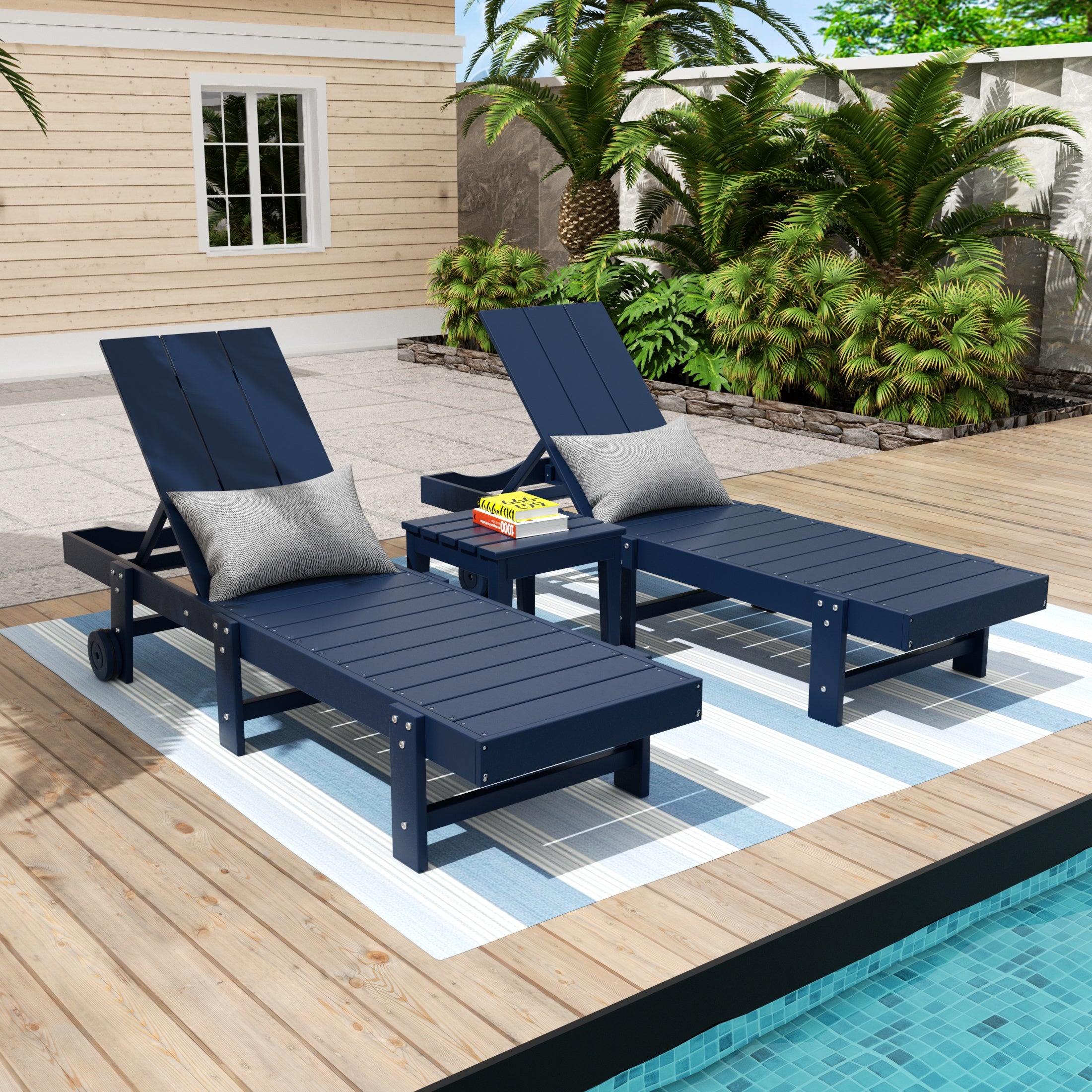 Palms 3 Piece Modern Poly Reclining Chaise Lounge With Wheels