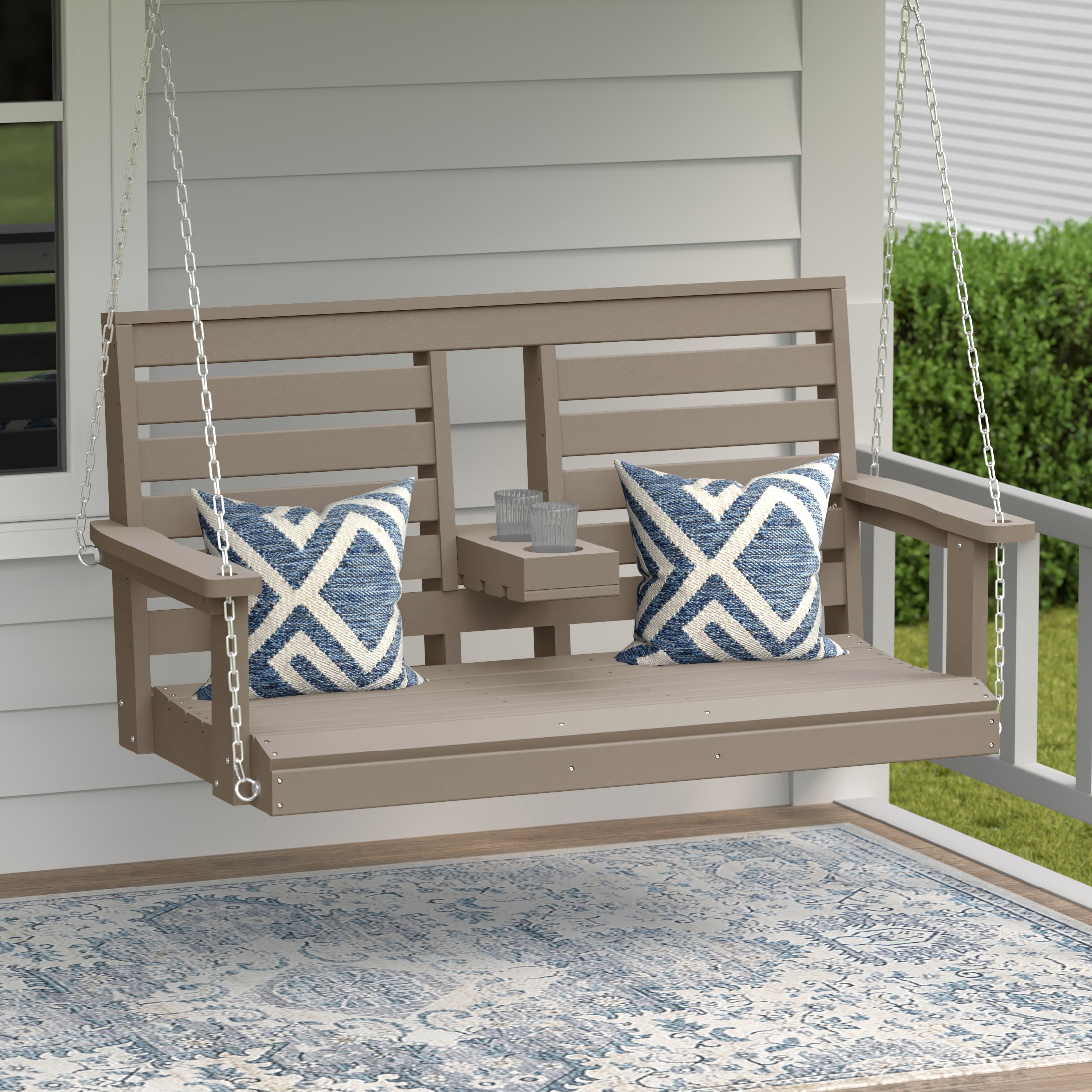 Charleston Outdoor HDPE 54" Front Hanging Porch Swing Bench With Cupholders