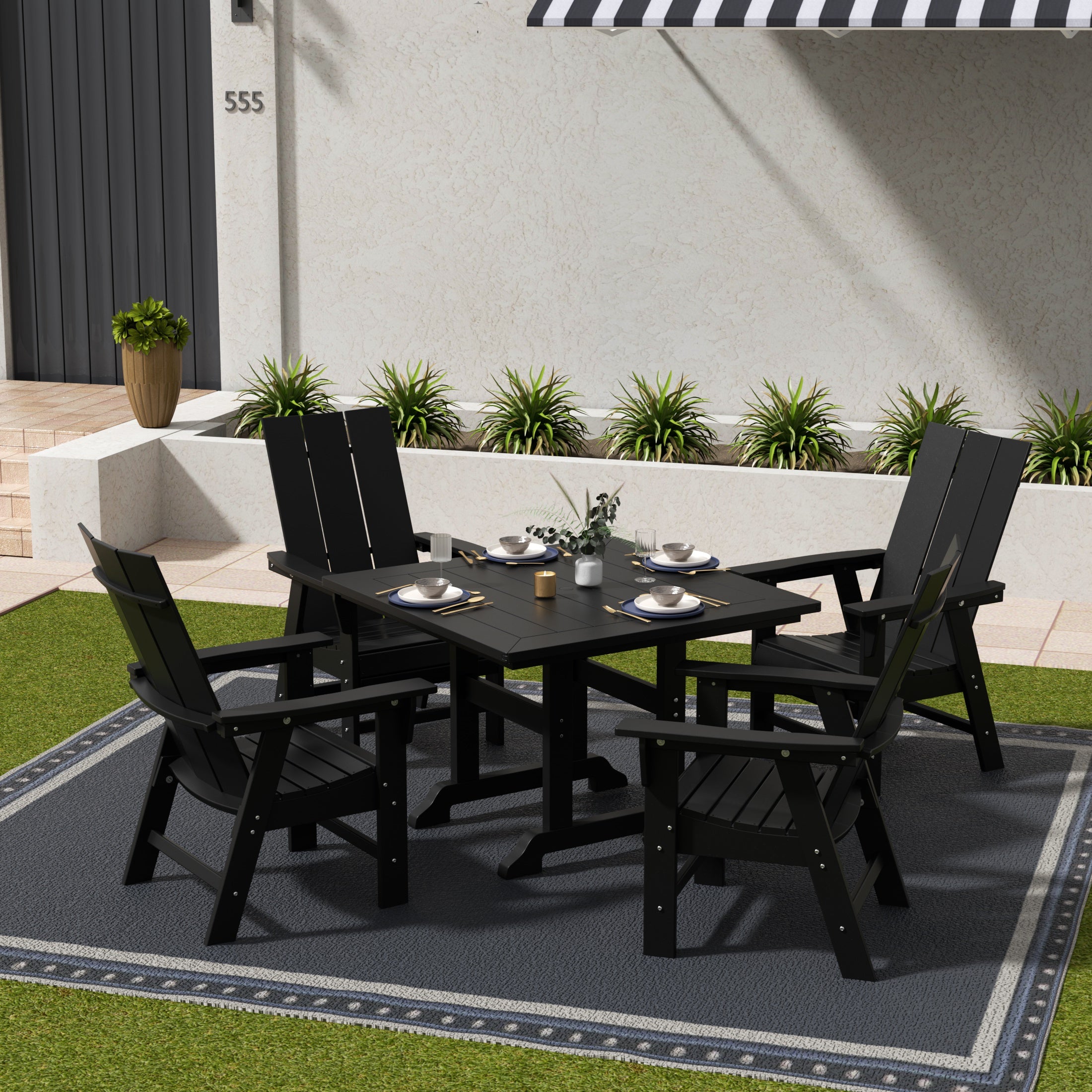 Palms 5 Piece Outdoor Patio Dining Square Table and Modern Armchair Set