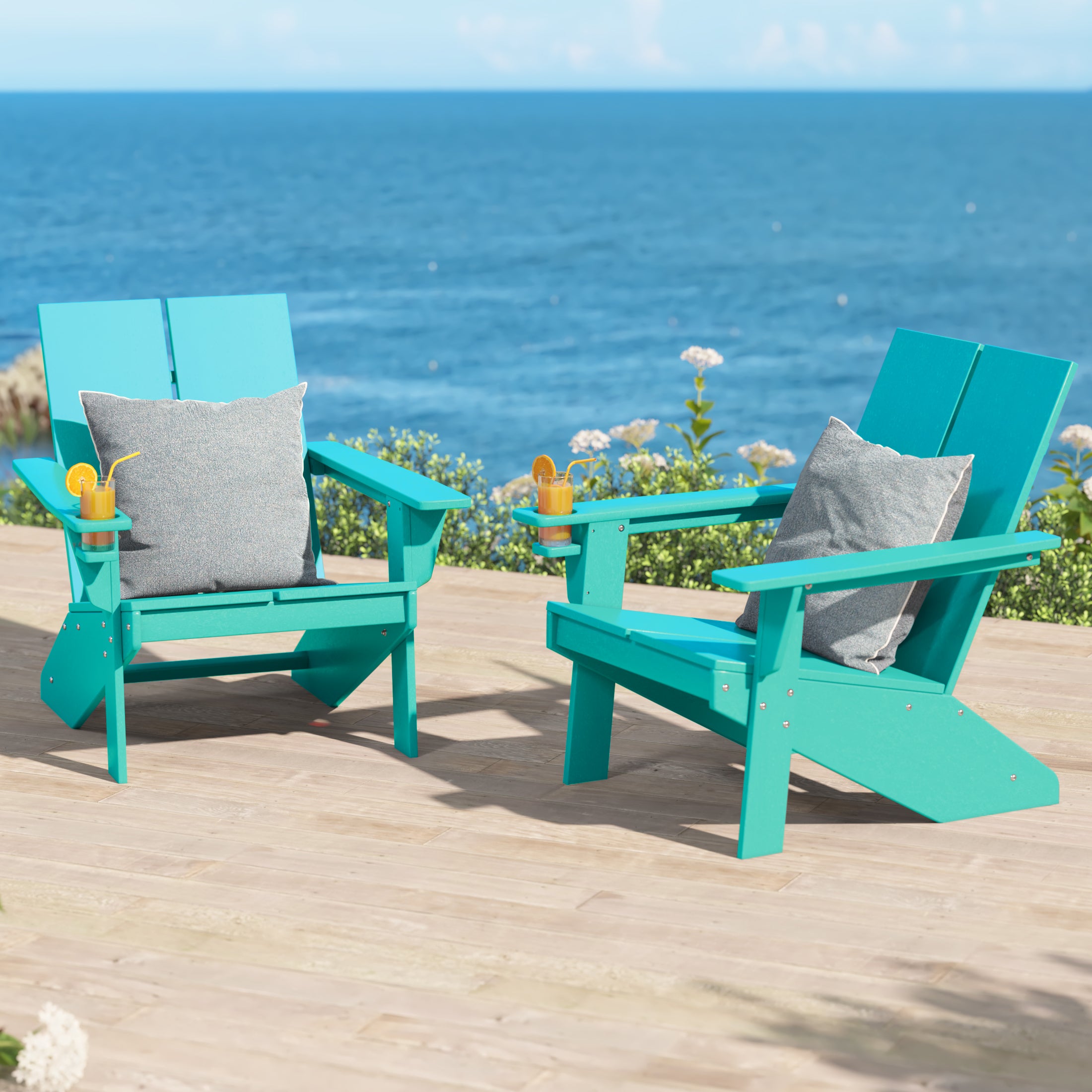 Seaview Outdoor HDPE Modern Adirondack Chair with Cup Holder (Set of 2)