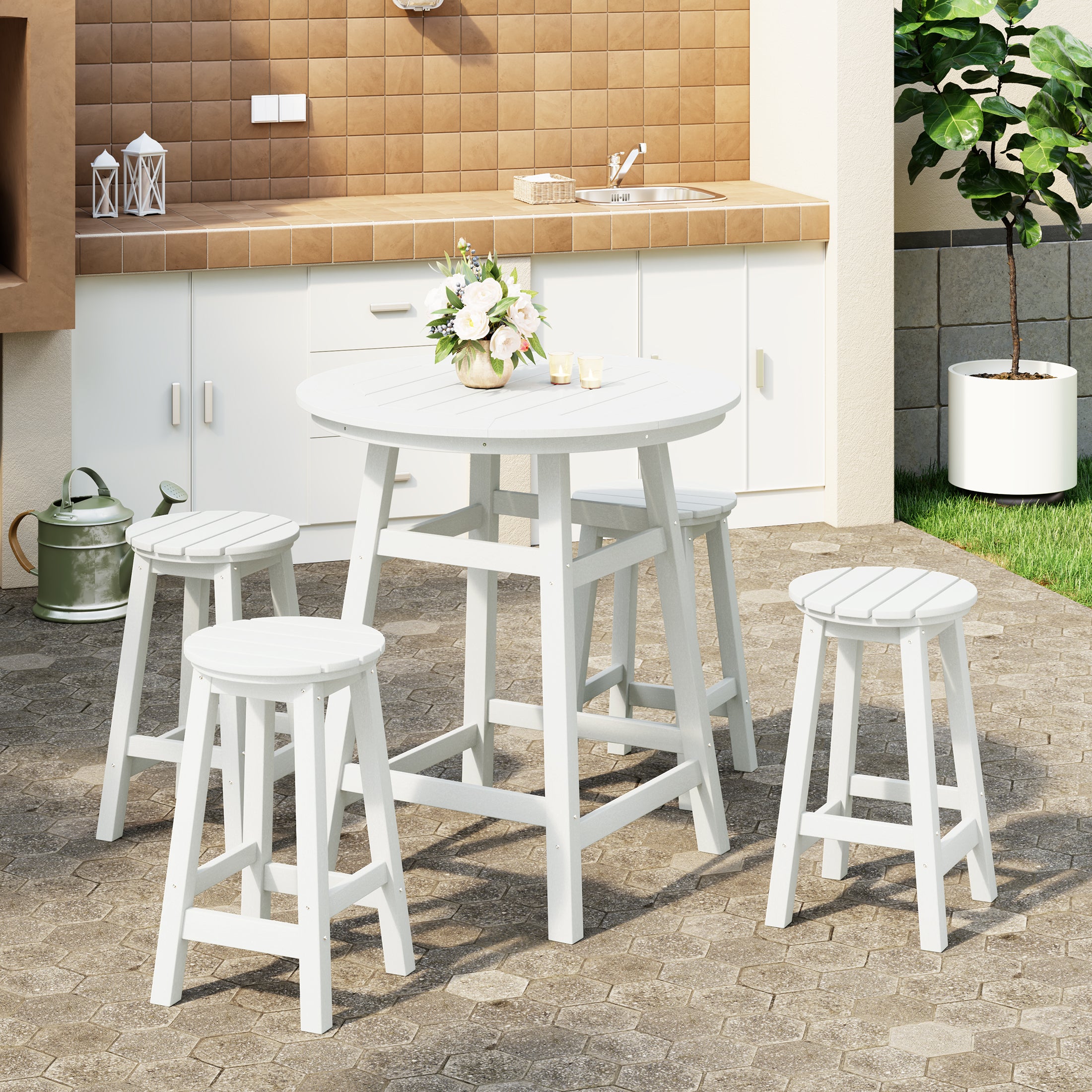 Paradise 5-Piece HDPE Outdoor Patio Dining Bar Bistro Table Set with Counter High Round Bar Stools