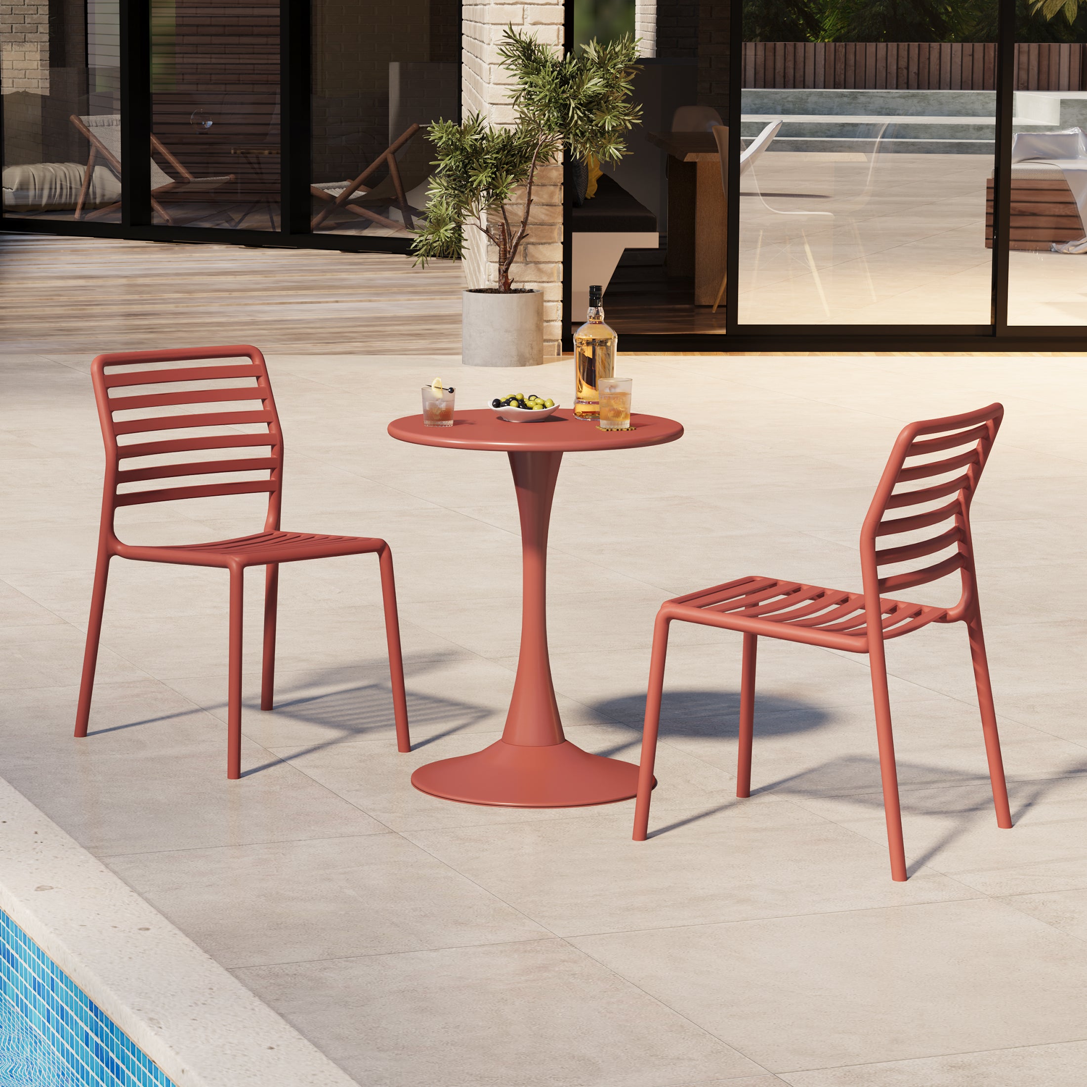 Sunshine 3-Piece Outdoor Metal Round Dining Table Set With Stackable Resin Patio Dining Chairs