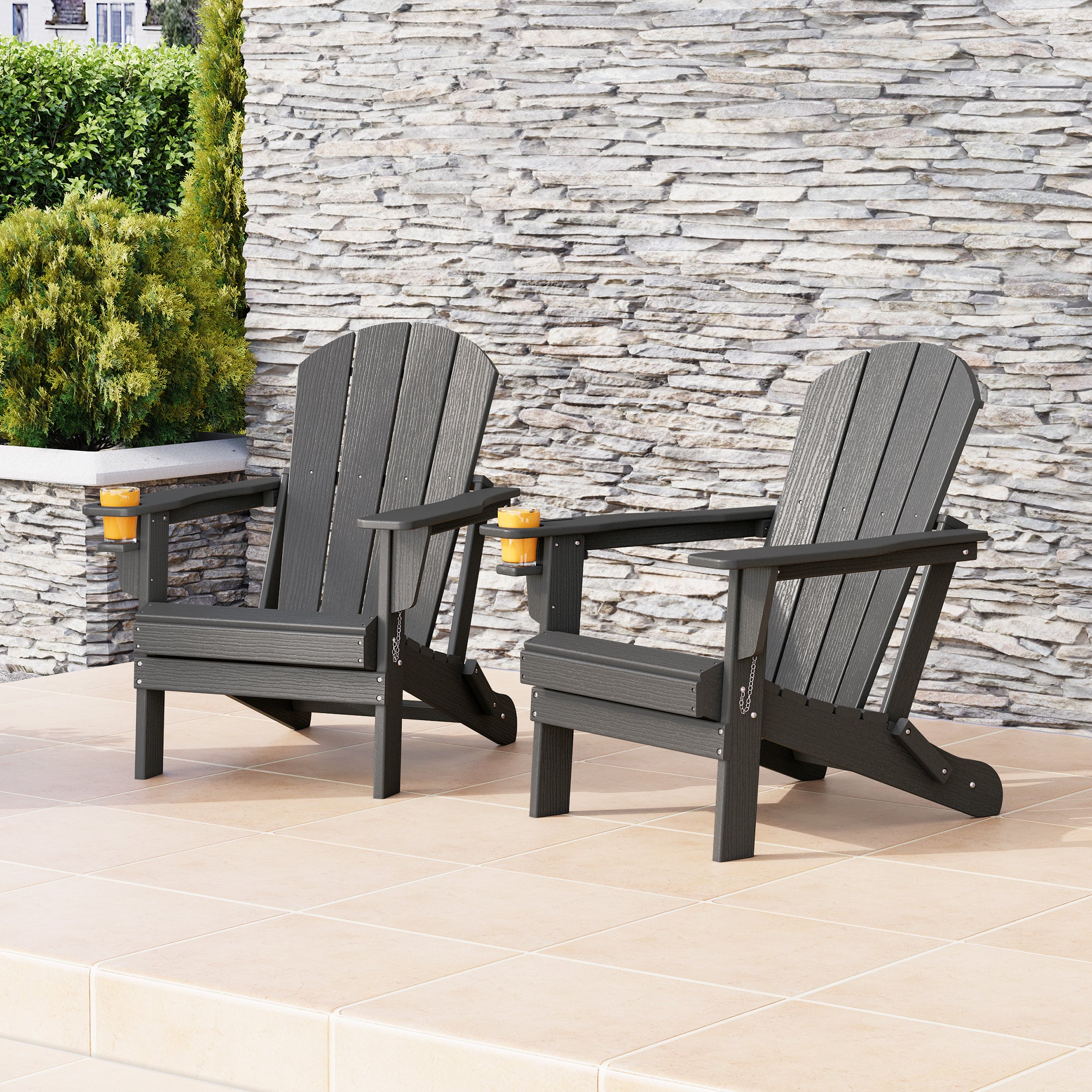 Rockport Outdoor Patio HDPE Resin Folding Adirondack Chairs With Cup Holder and Phone Holder (Set of Two)