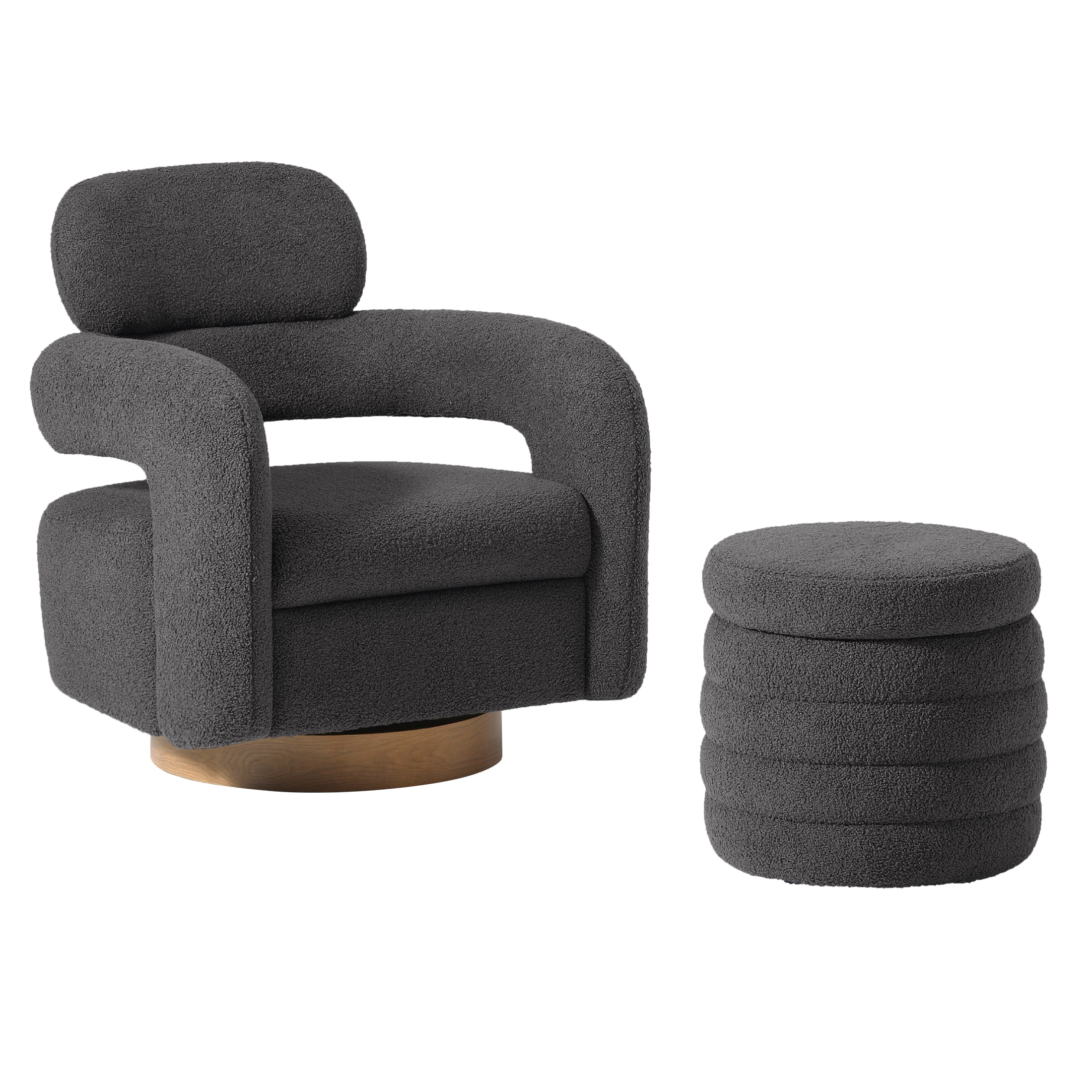 Celine Mid-Century Modern Sherpa Swivel Barrel Accent Chair With Storage Ottoman
