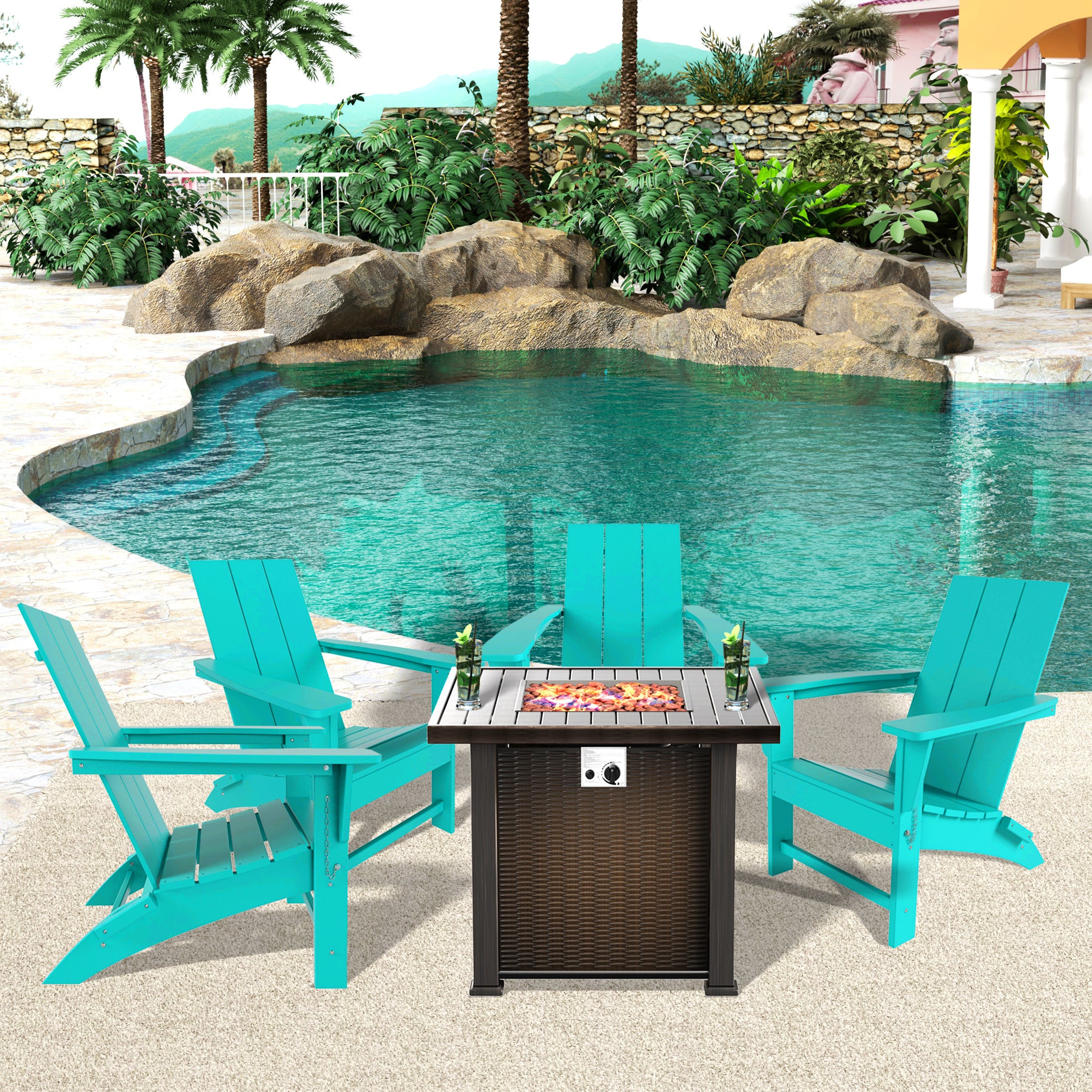 Palms Ashore Modern Folding Poly Adirondack Chair With Square Fire Pit Table