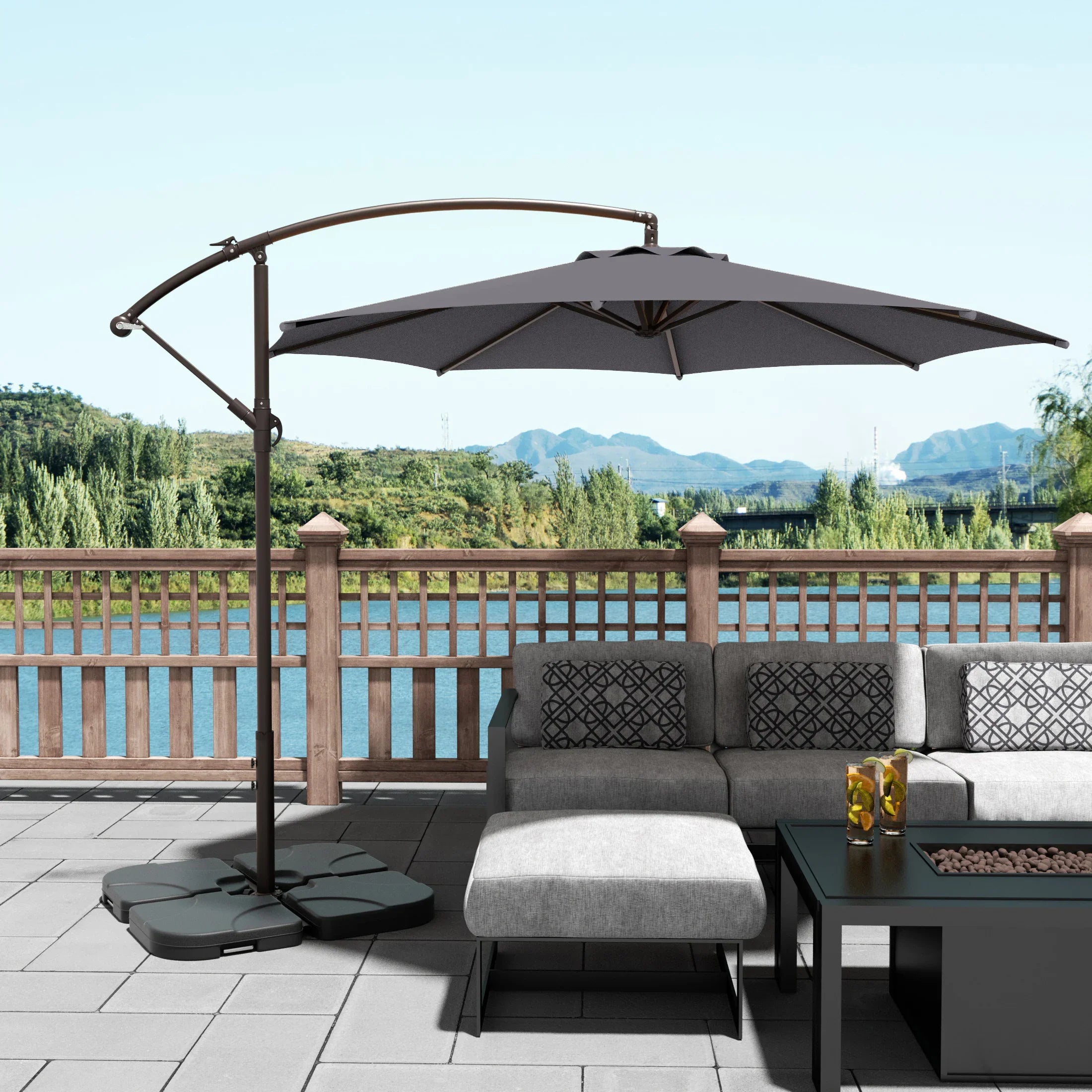 4 foot patio umbrella with stand ELM 10" Ft Cantilever Offset Umbrella w/ 4-Piece Base Weights Included, Coffee