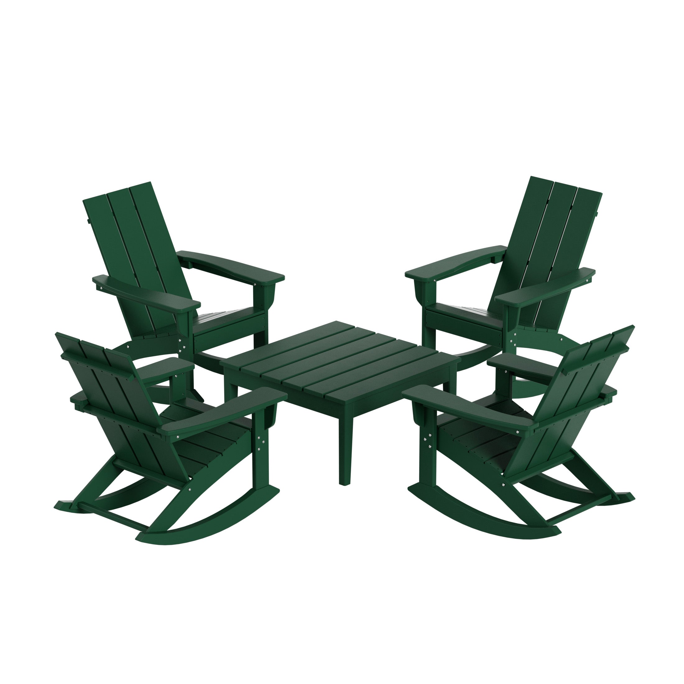 Palms 5-Piece Set Modern Plastic Outdoor Rocking Chairs with Square Side Table