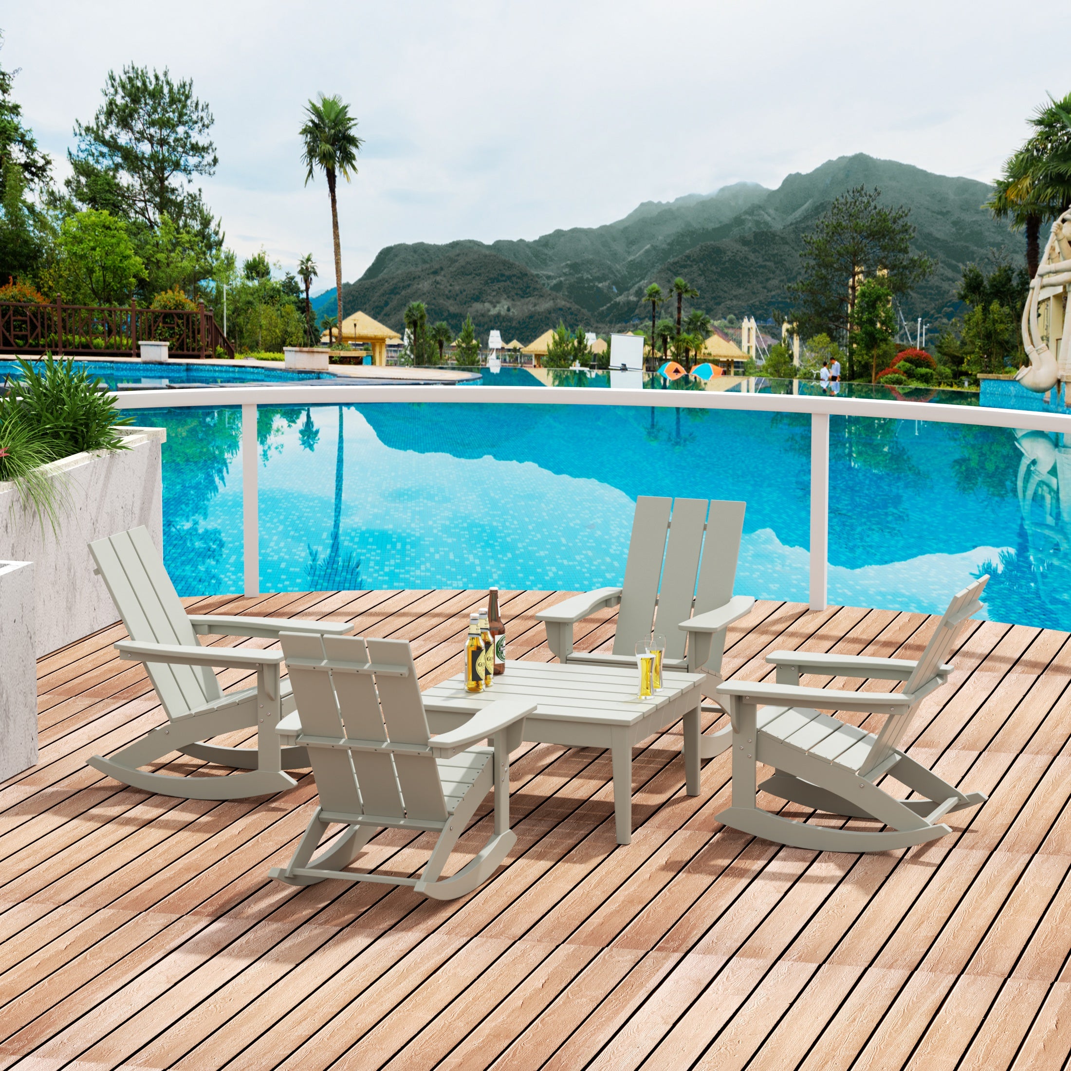 Palms 5-Piece Set Modern Plastic Outdoor Rocking Chairs with Square Side Table