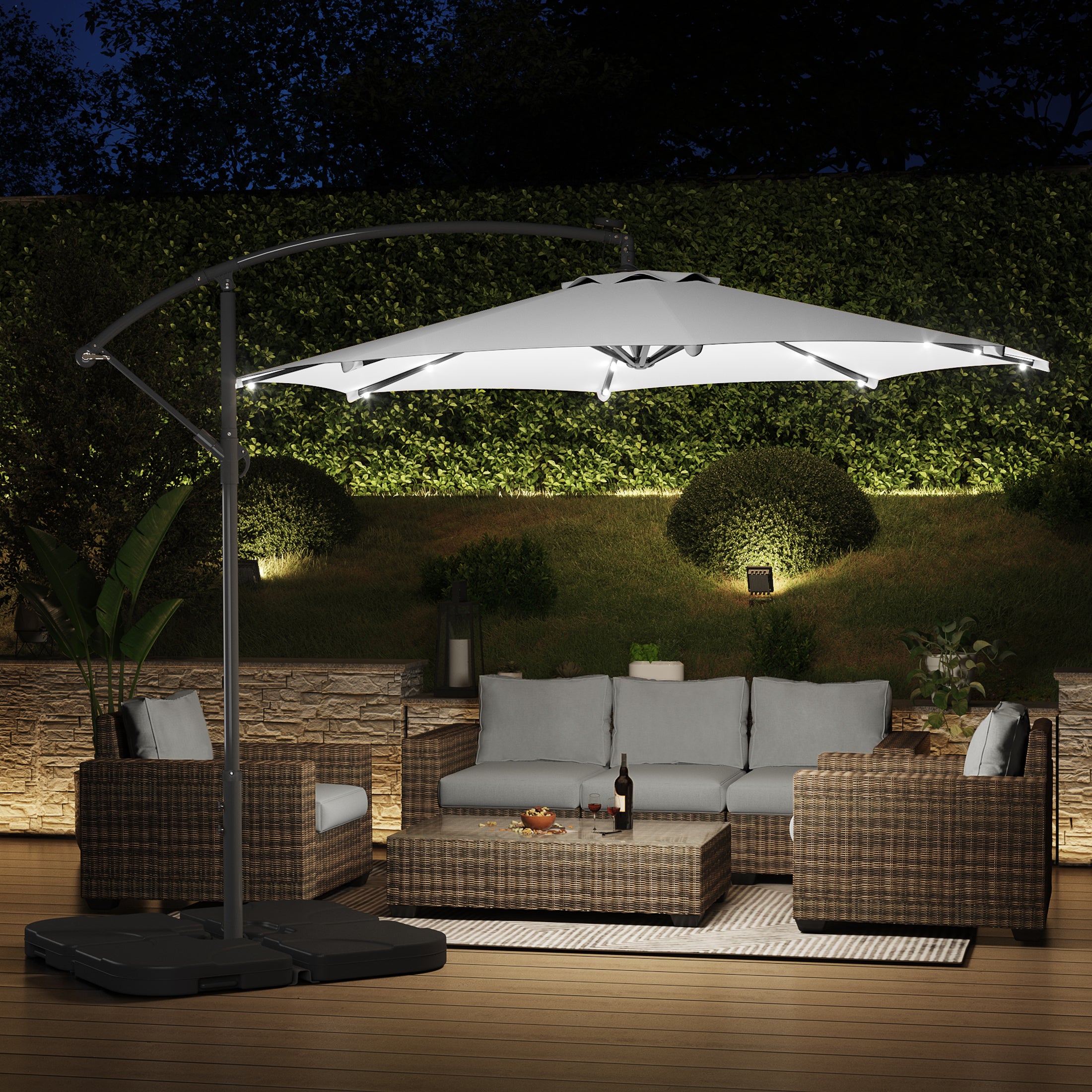Westlake 10 ft. Outdoor / Paito Cantilever Hanging Umbrella with Solar Power LED lights and 50 lbs concrete weight base kit