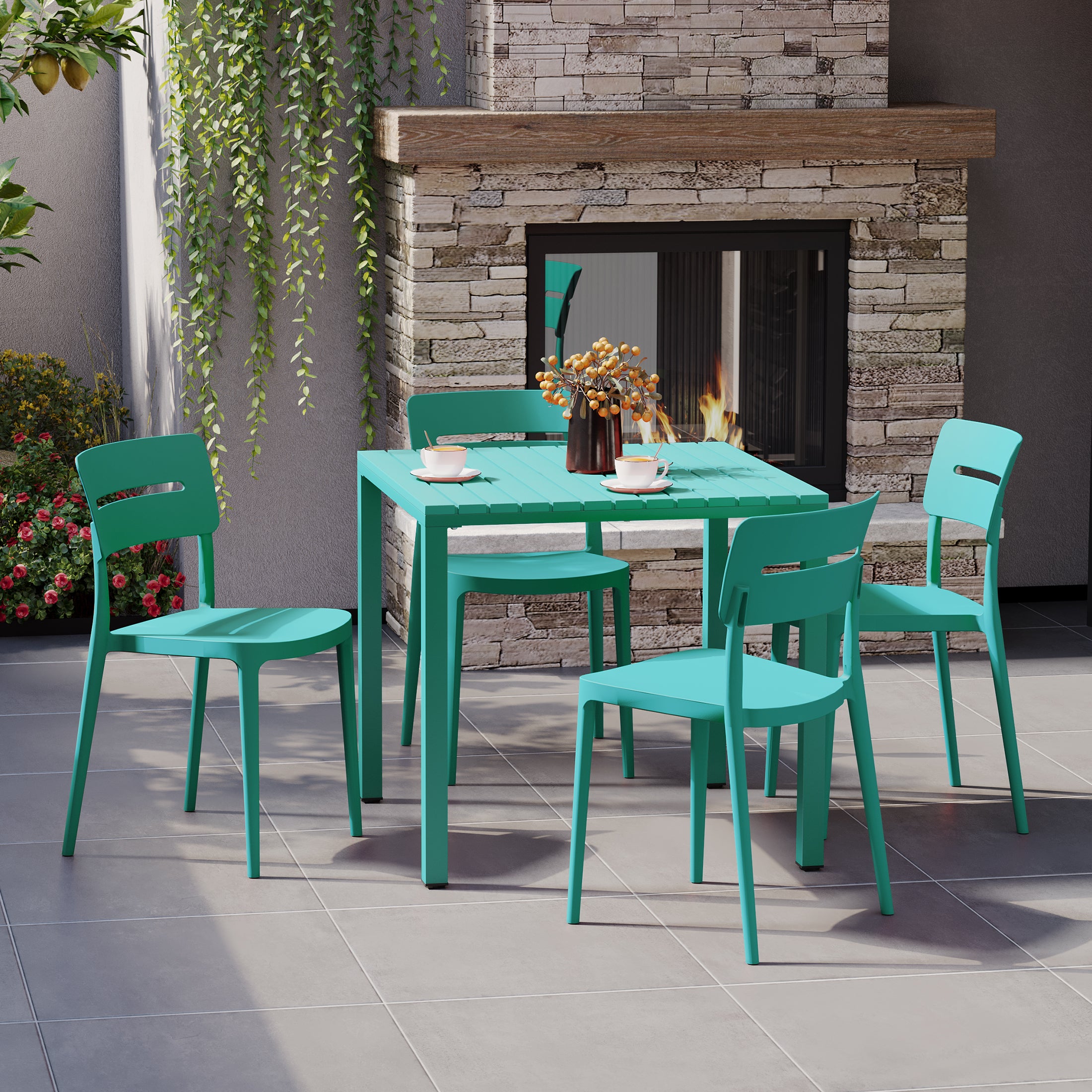 Sunshine 5-Piece Outdoor Metal Frame Dining Table Patio Set with Stackable Patio Dining Chairs