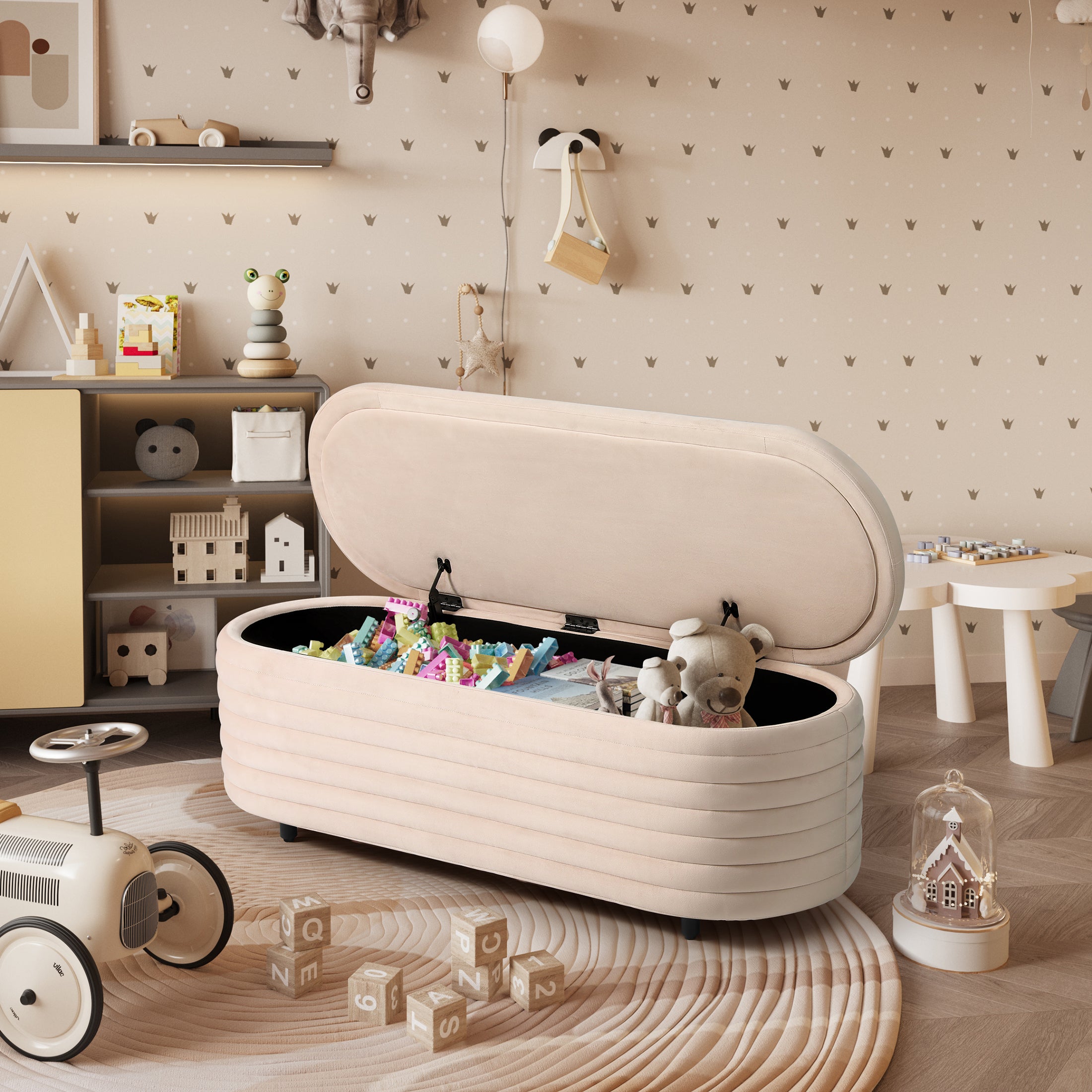 Alaia 54" Wide Mid-Century Modern Upholstered Velvet Tufted Oval Storage Ottoman Bench