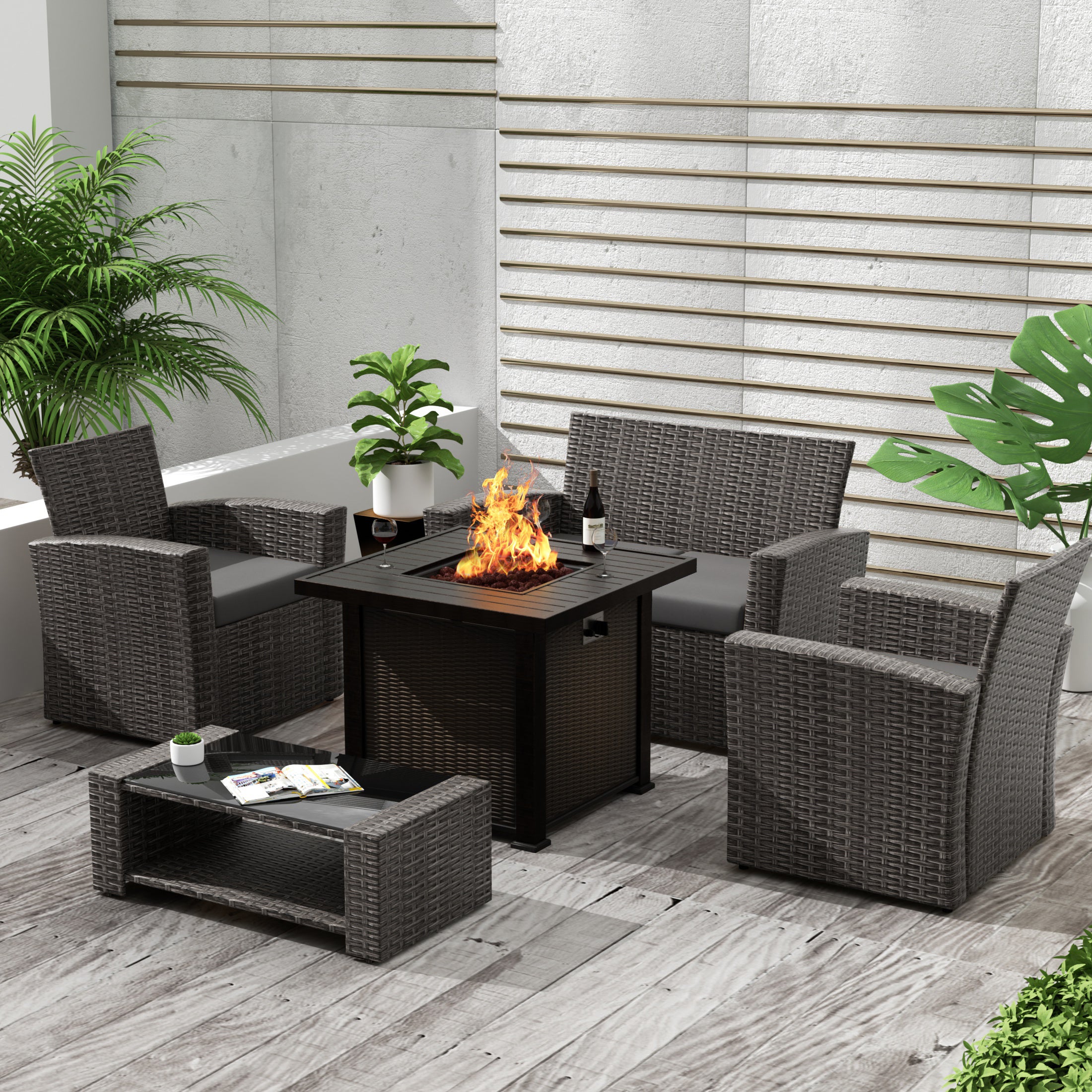 Wynston 4-Piece Conversation Outdoor Patio Sofa Set with Square Fire Pit Table, Gray