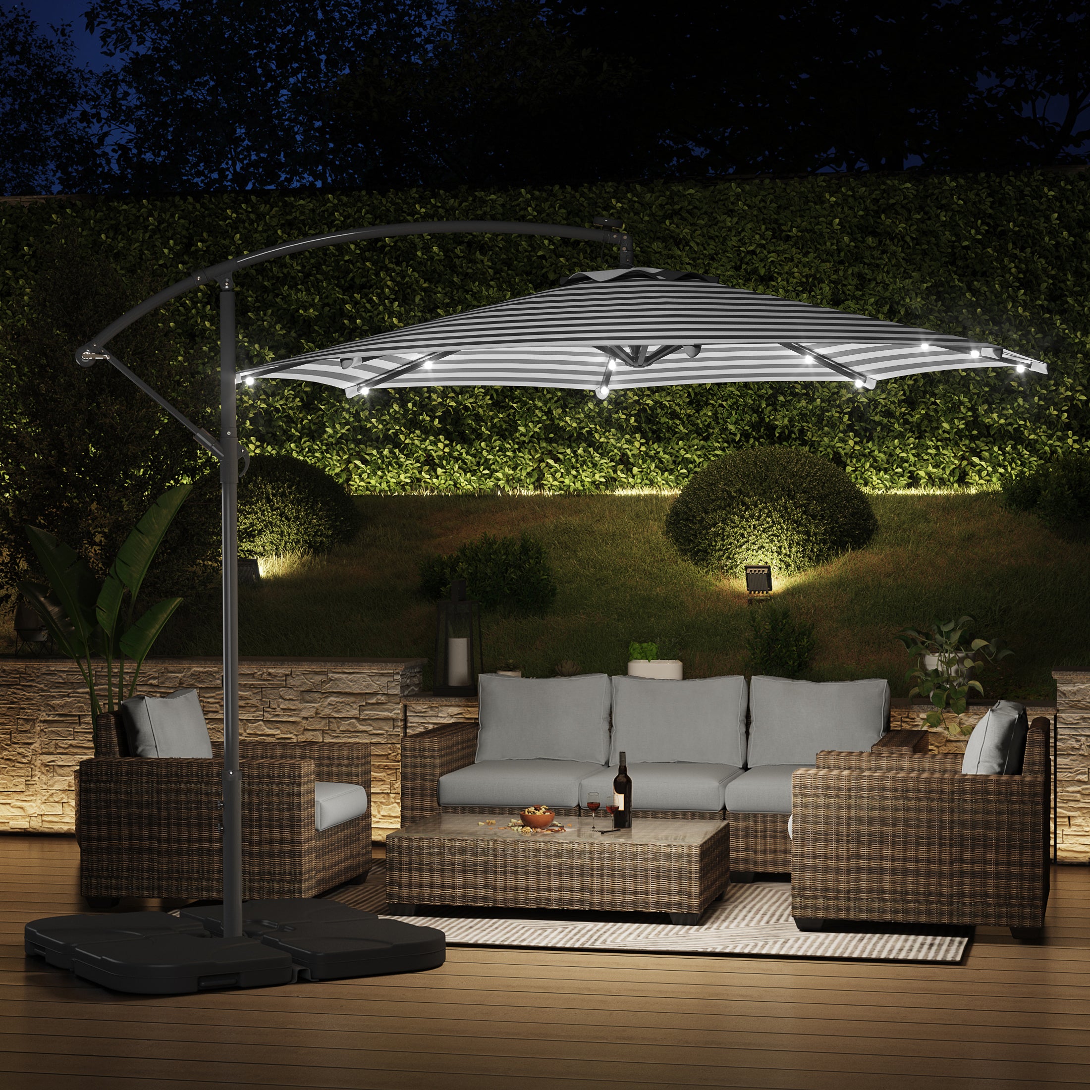 Westlake 10 ft. Outdoor / Paito Cantilever Hanging Umbrella with Solar Power LED lights and 50 lbs concrete weight base kit