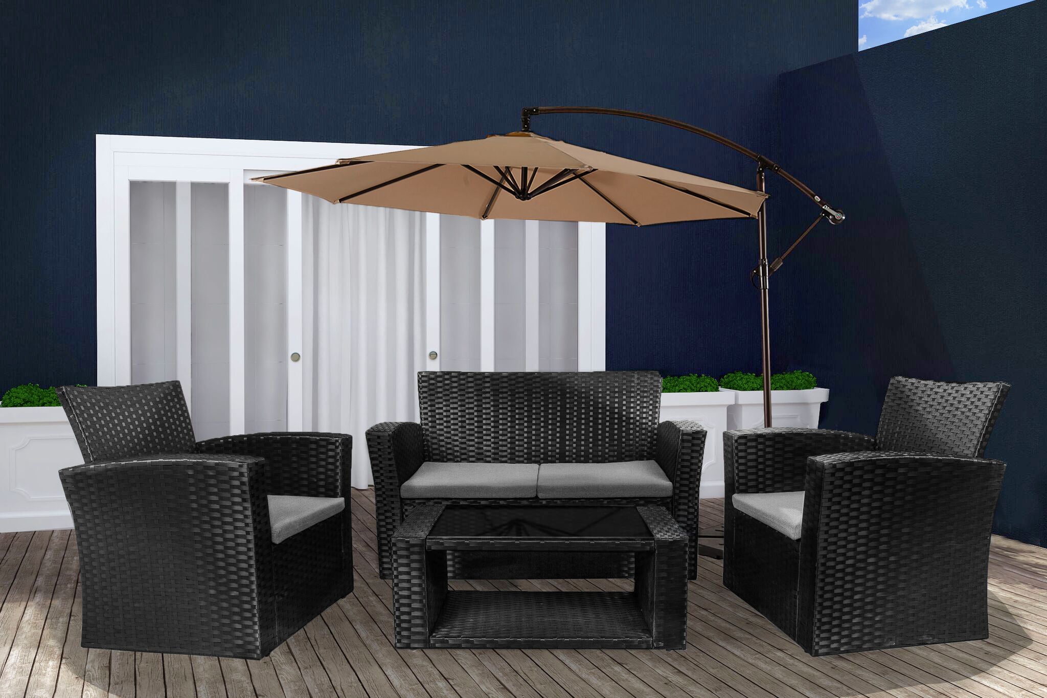 Wynston 4-Piece set Black color base Outdoor / Patio Wicker Rattan Conversation Sofa set with cushions and a Coffee table ( 4 seater )
