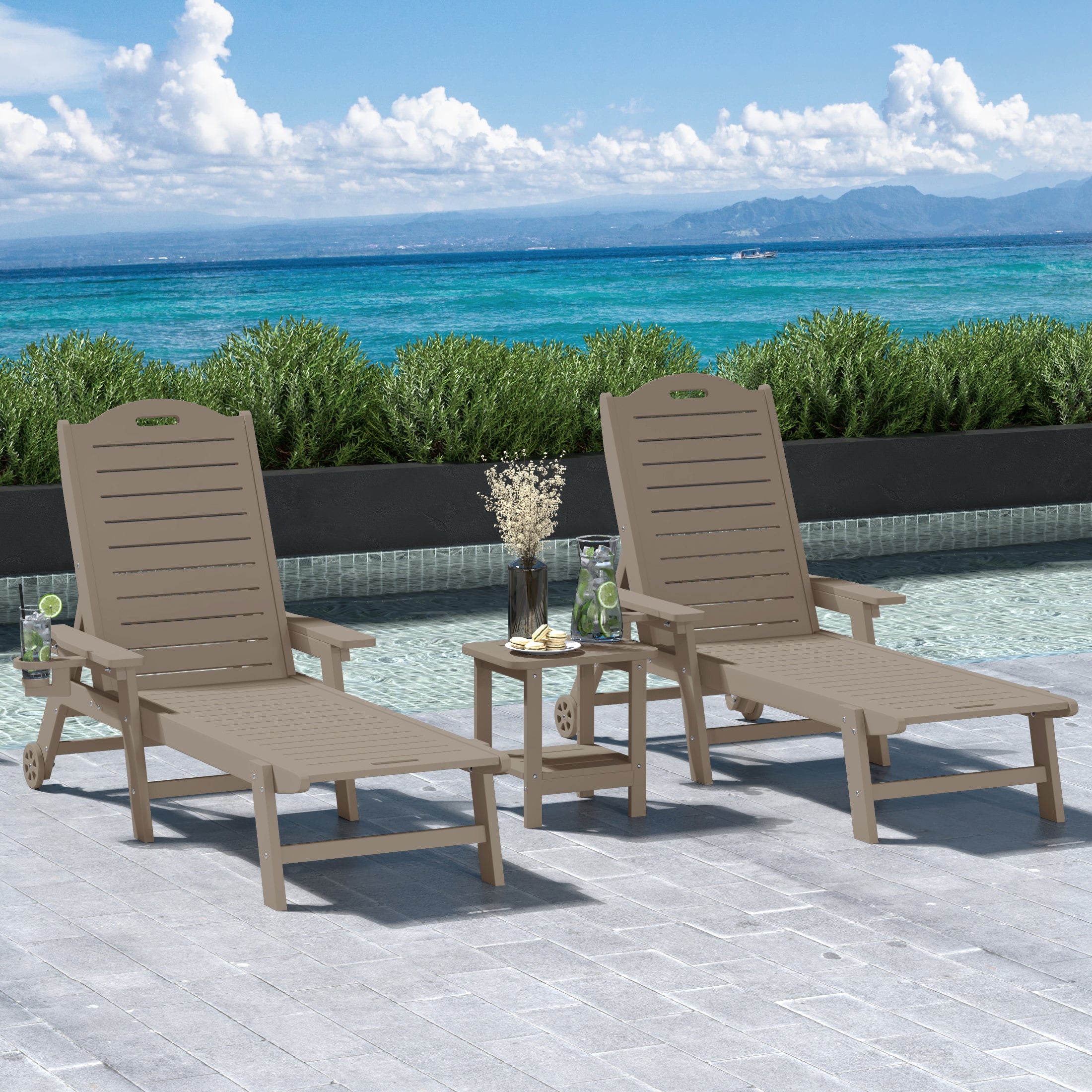 Lago 3-Piece Outdoor Patio Chaise Lounge Chair with Wheels & Cup Holder with Patio Side Table