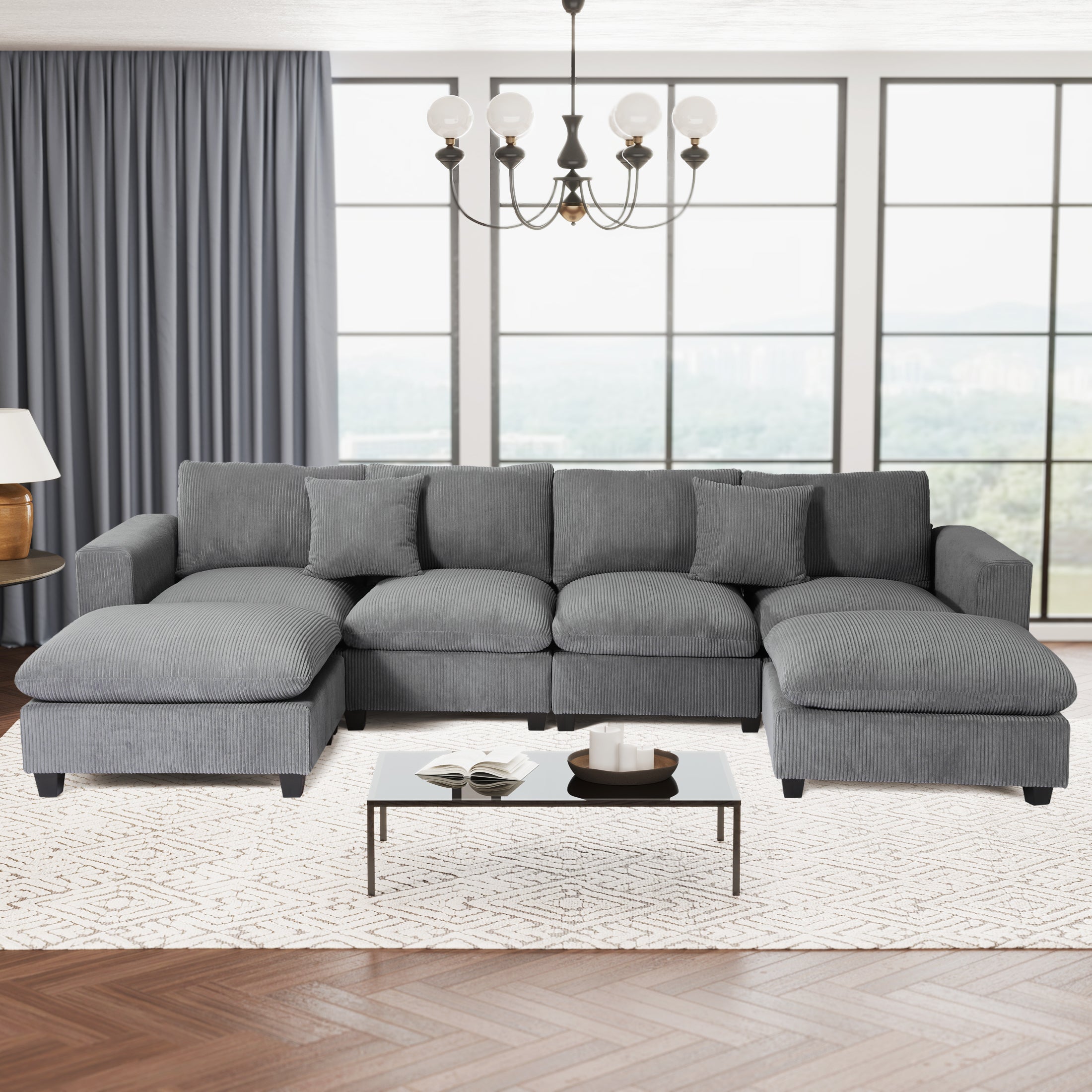 Ava 128" Corduroy Modular U-Shaped Sectional Couch and Chaise With USB/Type-C Ports and Side Pockets