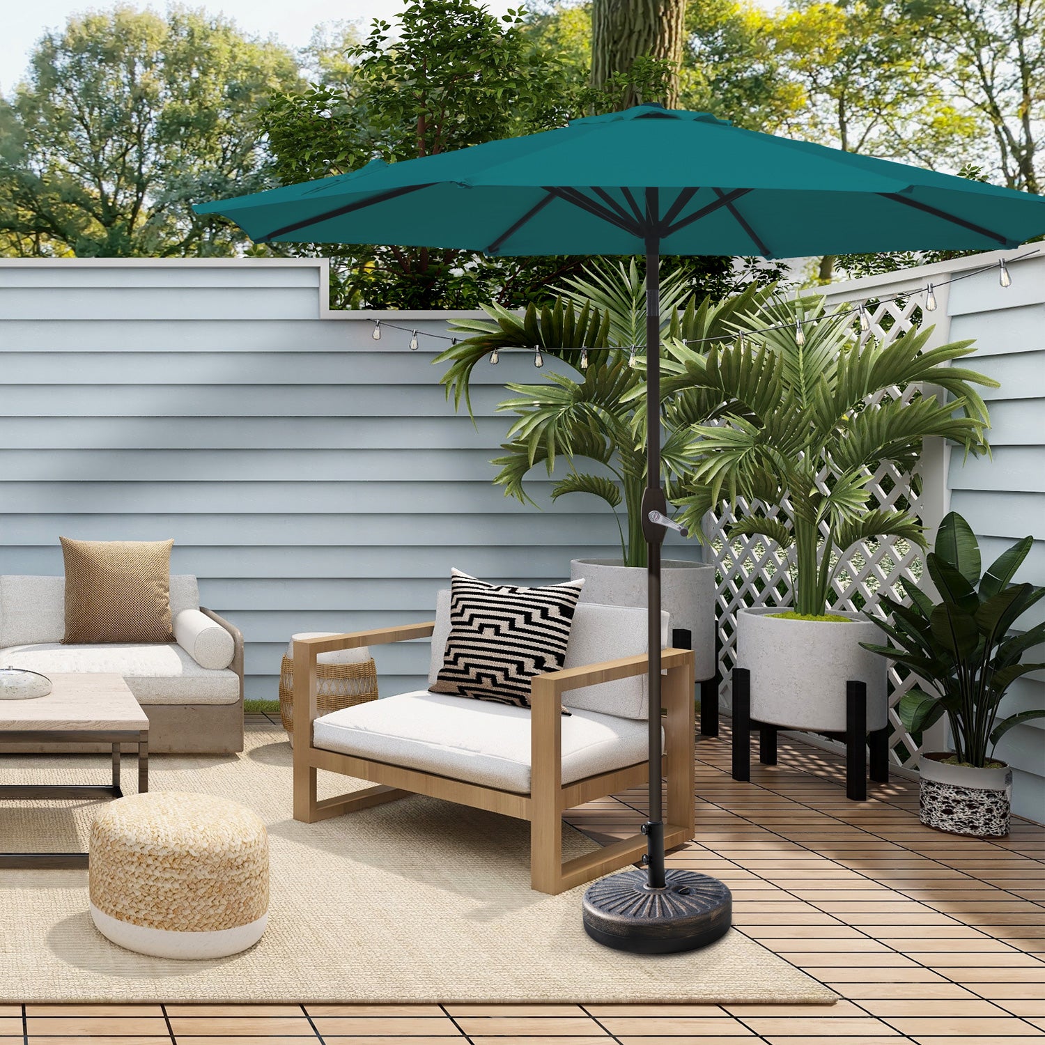 Cabana 9 ft. Patio Table Umbrella with Bronze color round free standing weight base kit