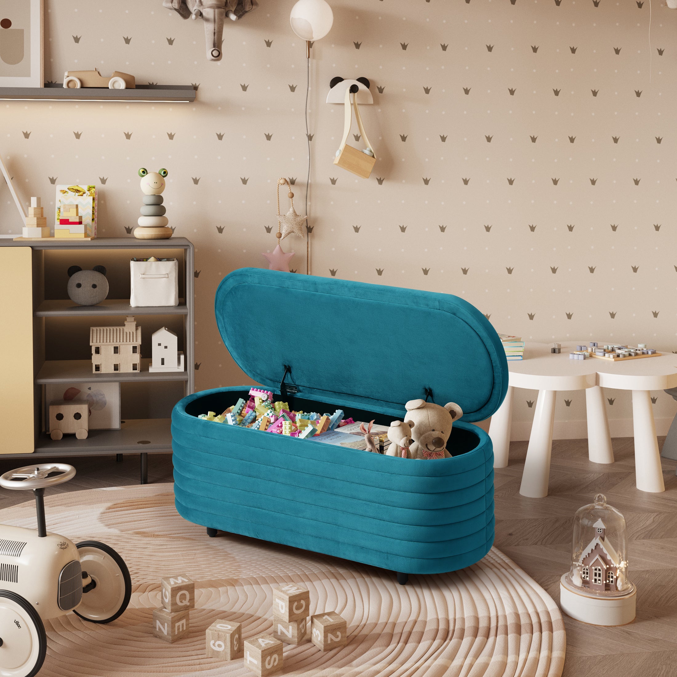 Alaia 42" Wide Mid-Century Modern Upholstered Velvet Tufted Oval Storage Ottoman Bench