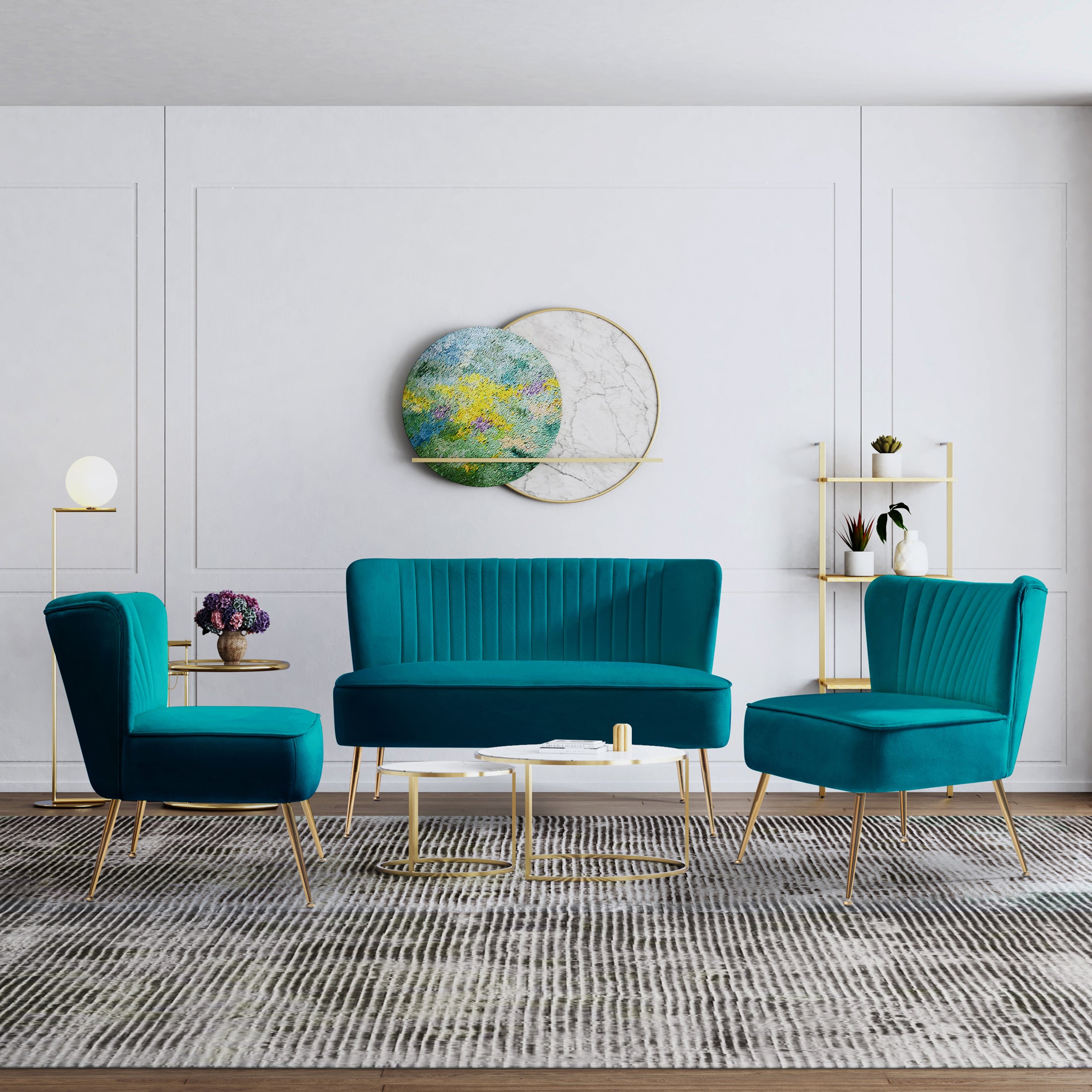 Alaia Mid Century Modern Tufted Velvet Loveseat Sofa and 25" Accent Chair 3-Piece Set