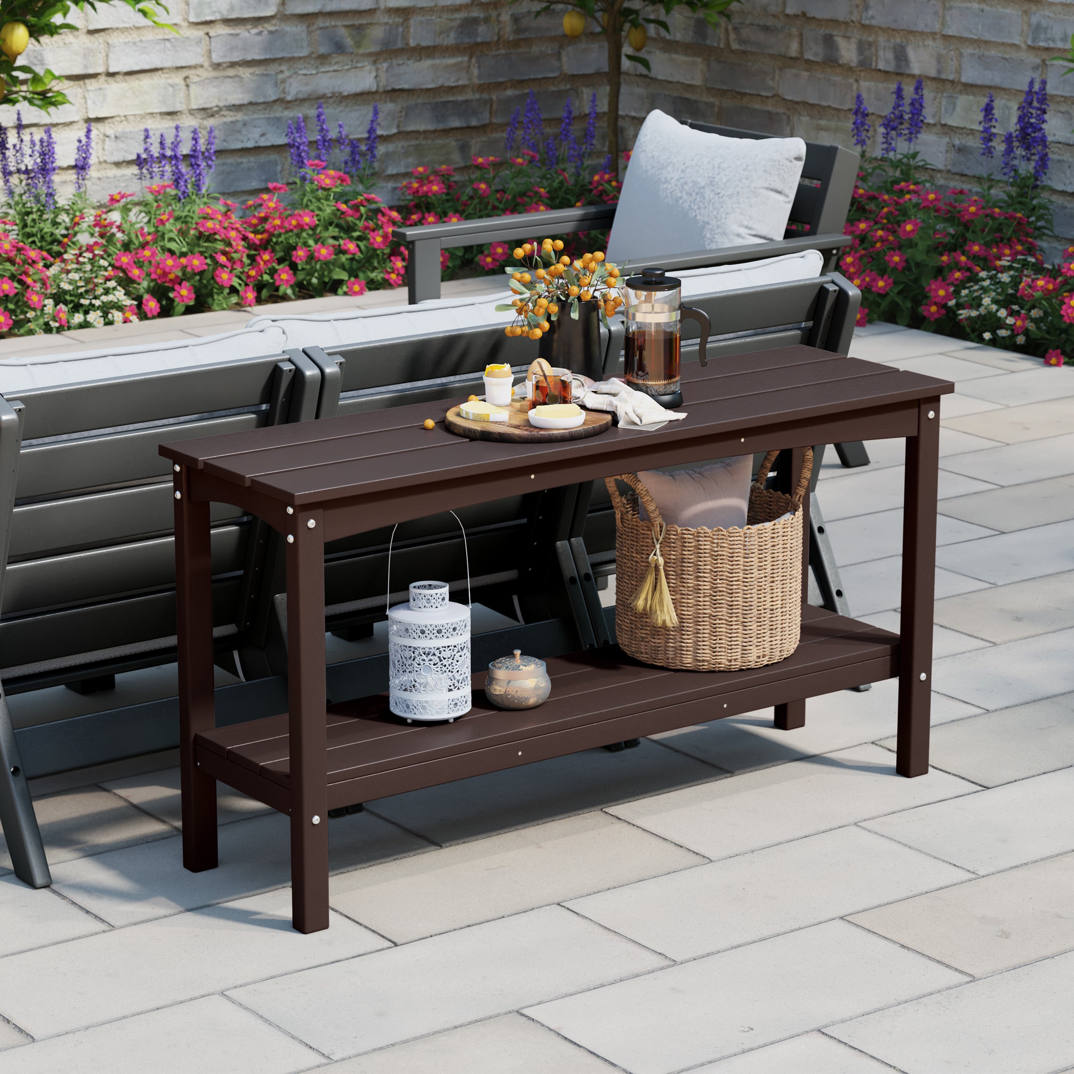 Paradise 55" Outdoor Patio HDPE Adirondack 2-Tier Shelf Console Table