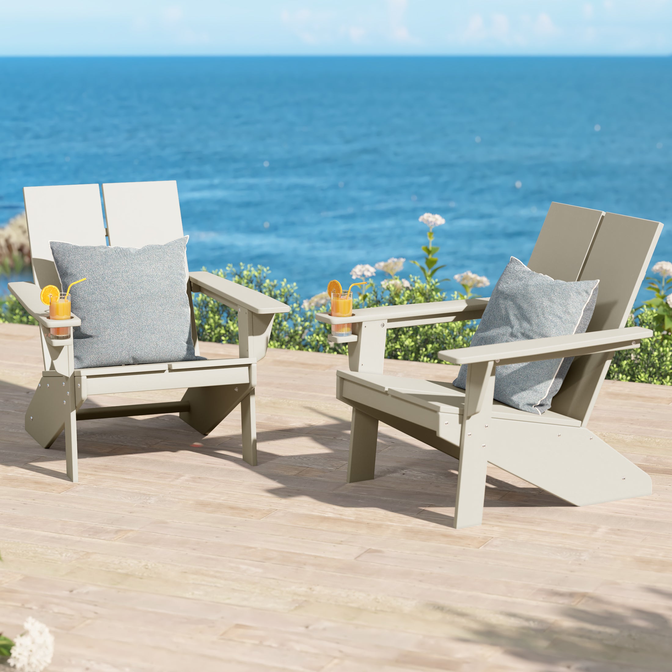 Seaview Outdoor HDPE Modern Adirondack Chair with Cup Holder (Set of 2)