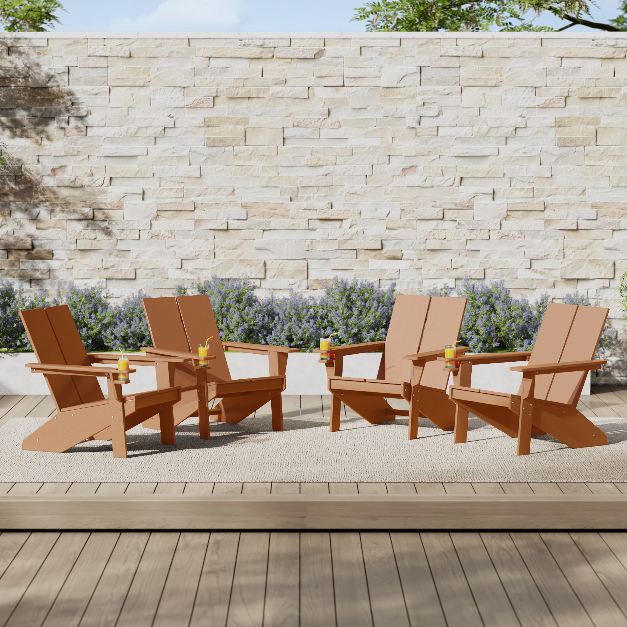 Seaview Outdoor HDPE Modern Adirondack Chair with Cup Holder (Set of 4)