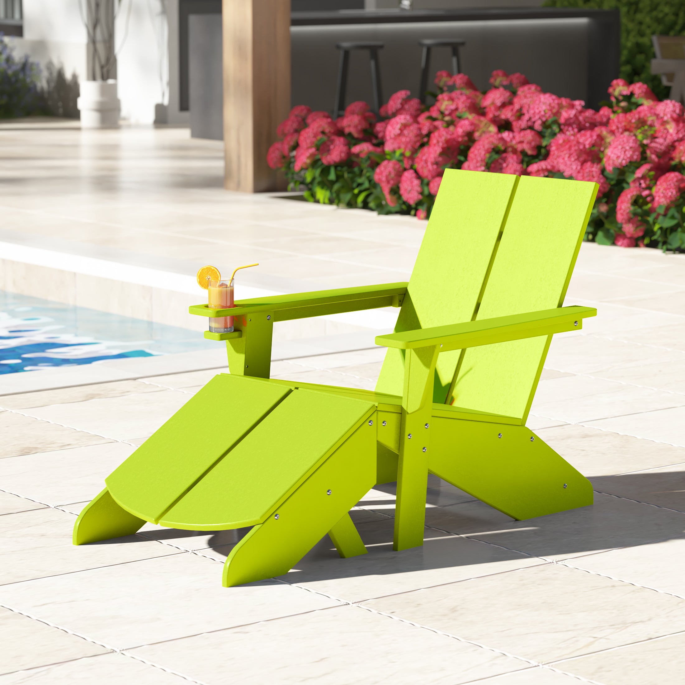 Seaview Outdoor HDPE Modern Adirondack Chair with Folding Patio Ottoman and Cup Holder