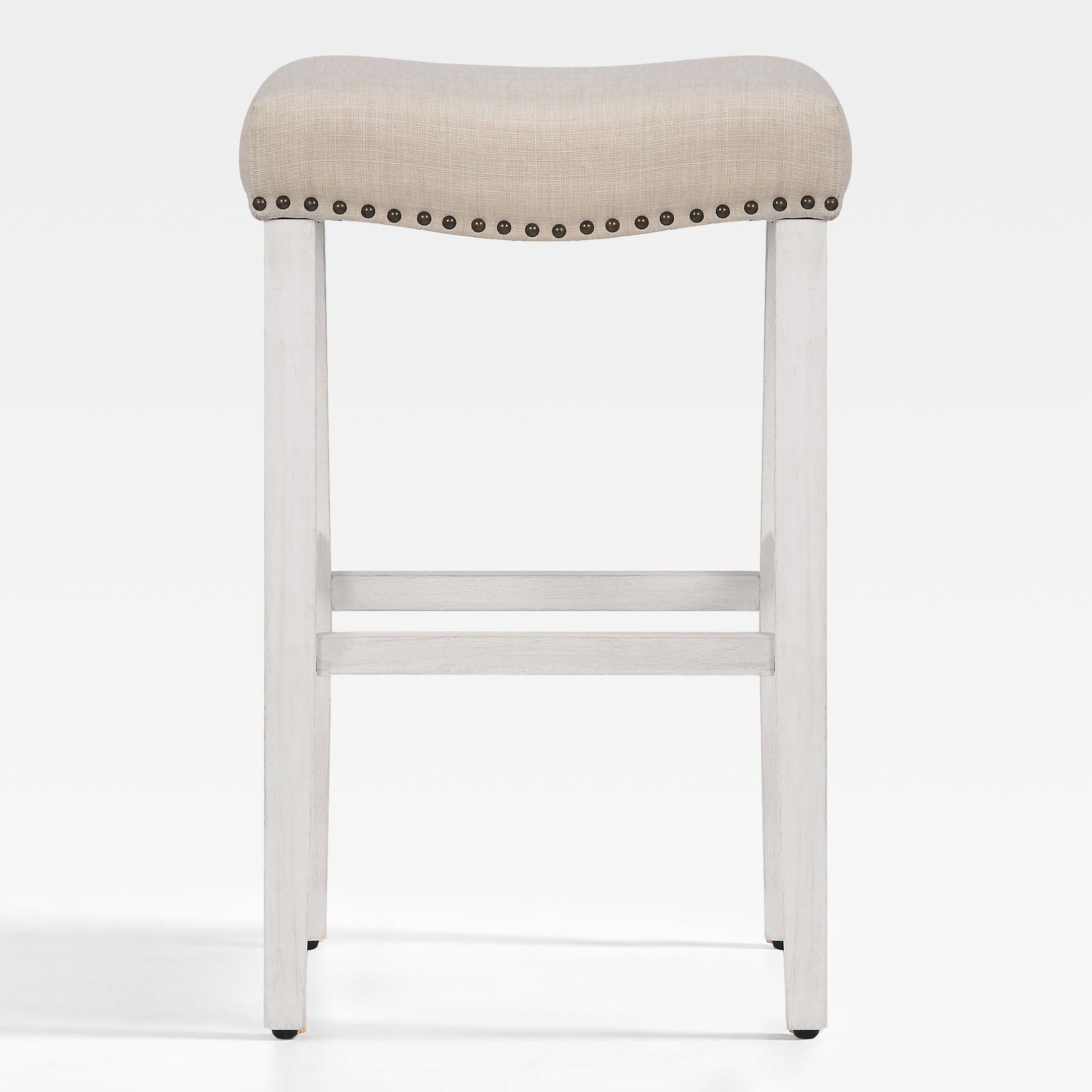 Bulmon 29" upholstered nail head bar counter stools with Antique White color legs