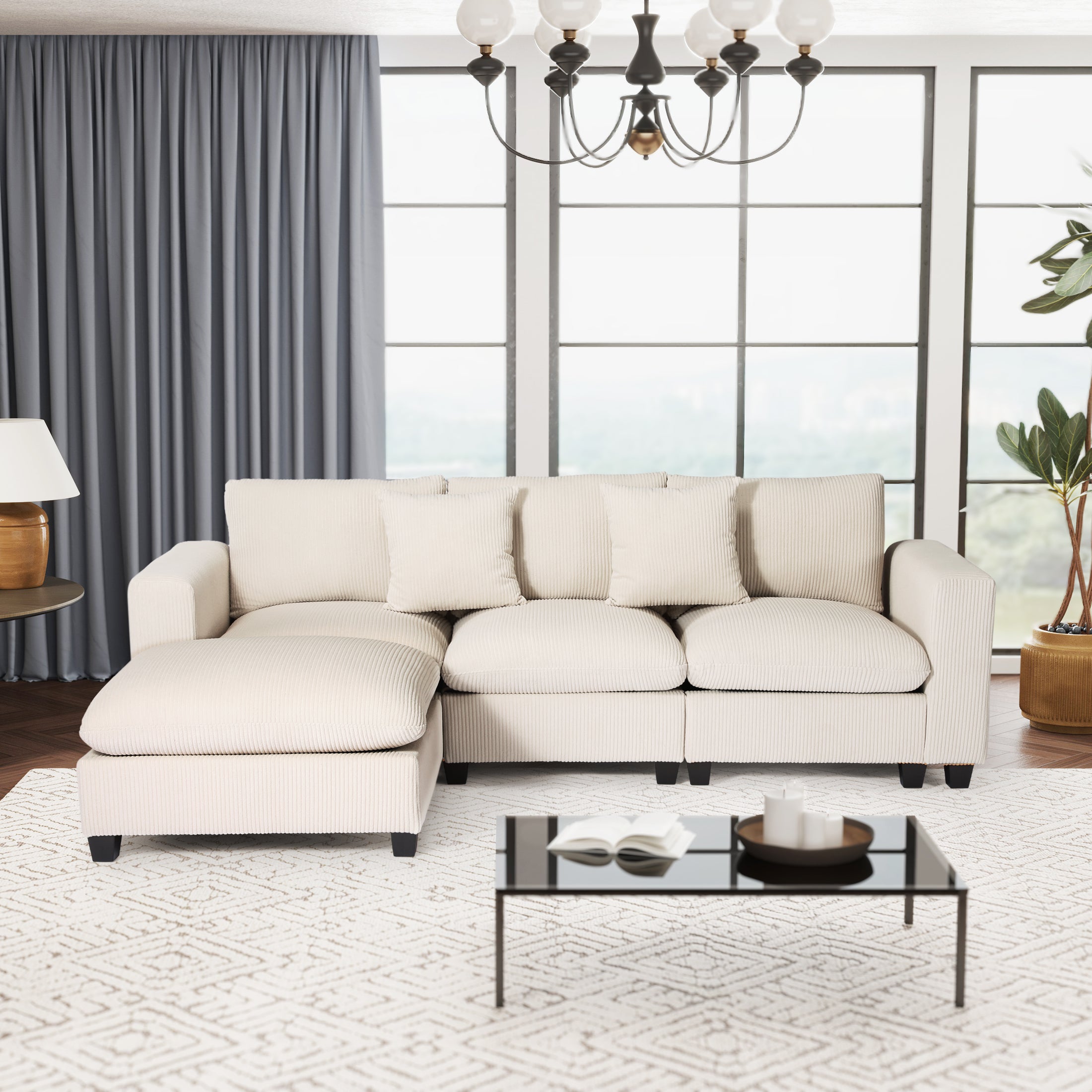 Ava 99" Modular Corduroy L-Shaped Sectional Sofa and Chaise With USB/Type-C Ports and Side Pockets