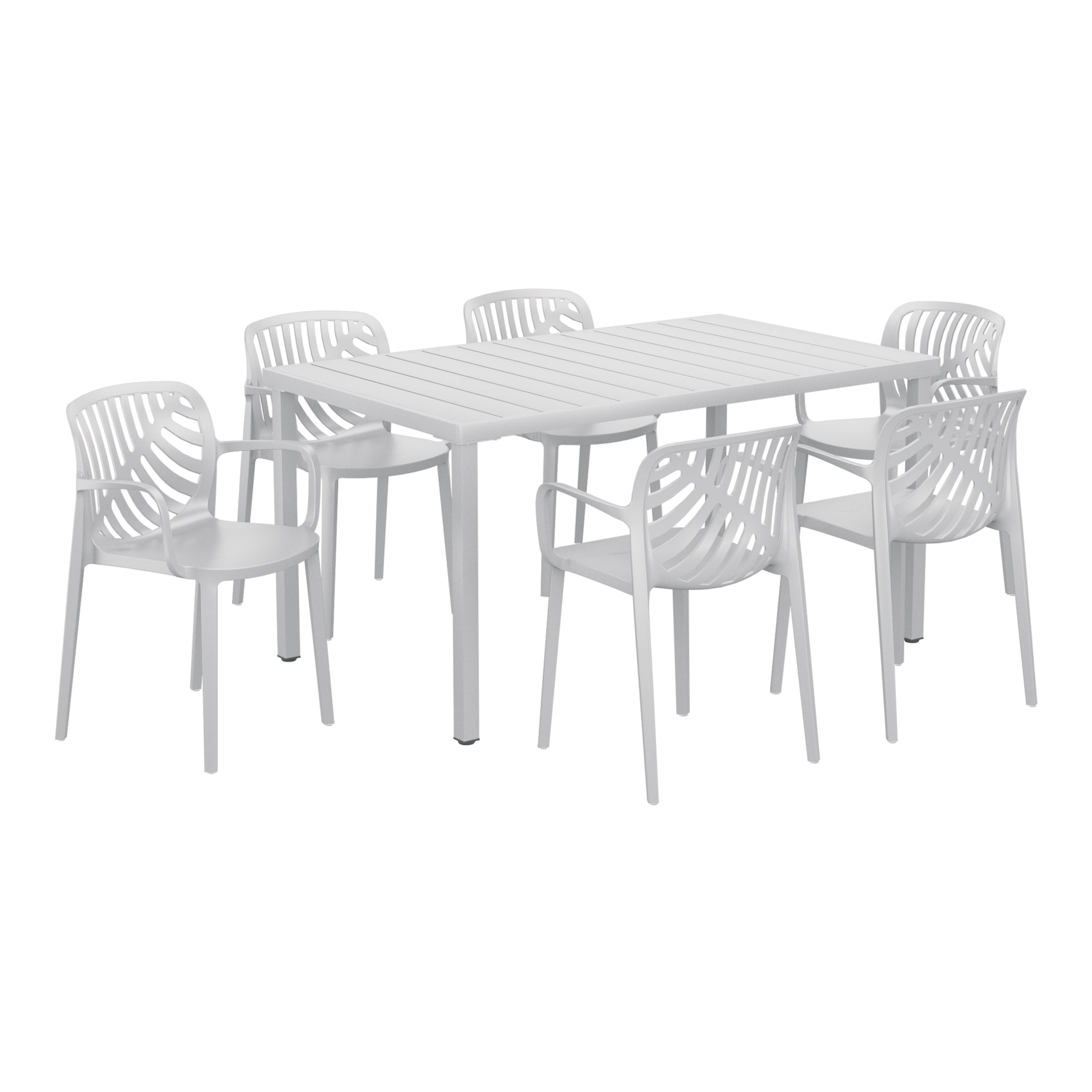 Sunshine 7-Piece Outdoor Metal Rectangle Patio Dining Table Set With Stackable Resin Patio Dining Chairs