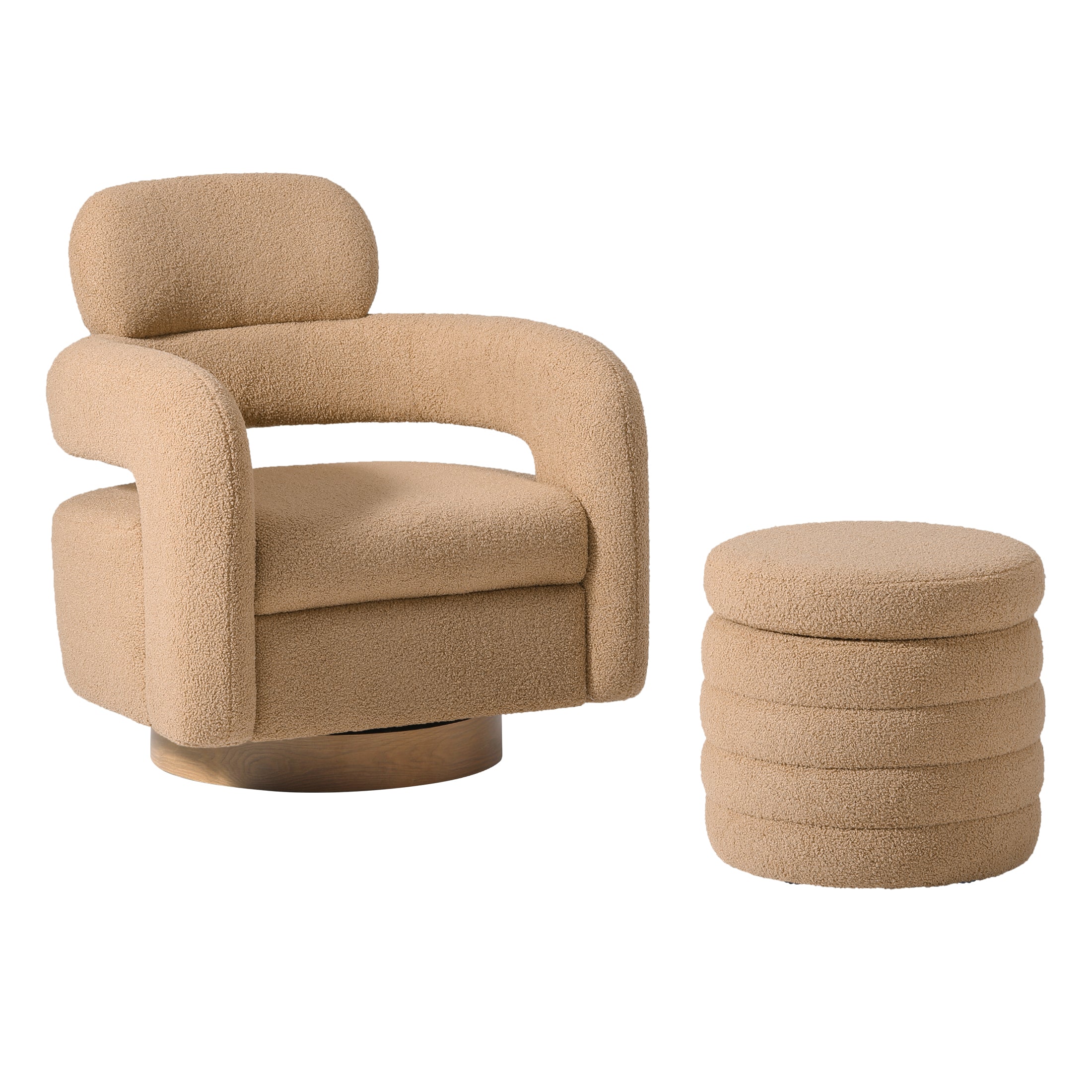 Celine Mid-Century Modern Sherpa Swivel Barrel Accent Chair With Storage Ottoman