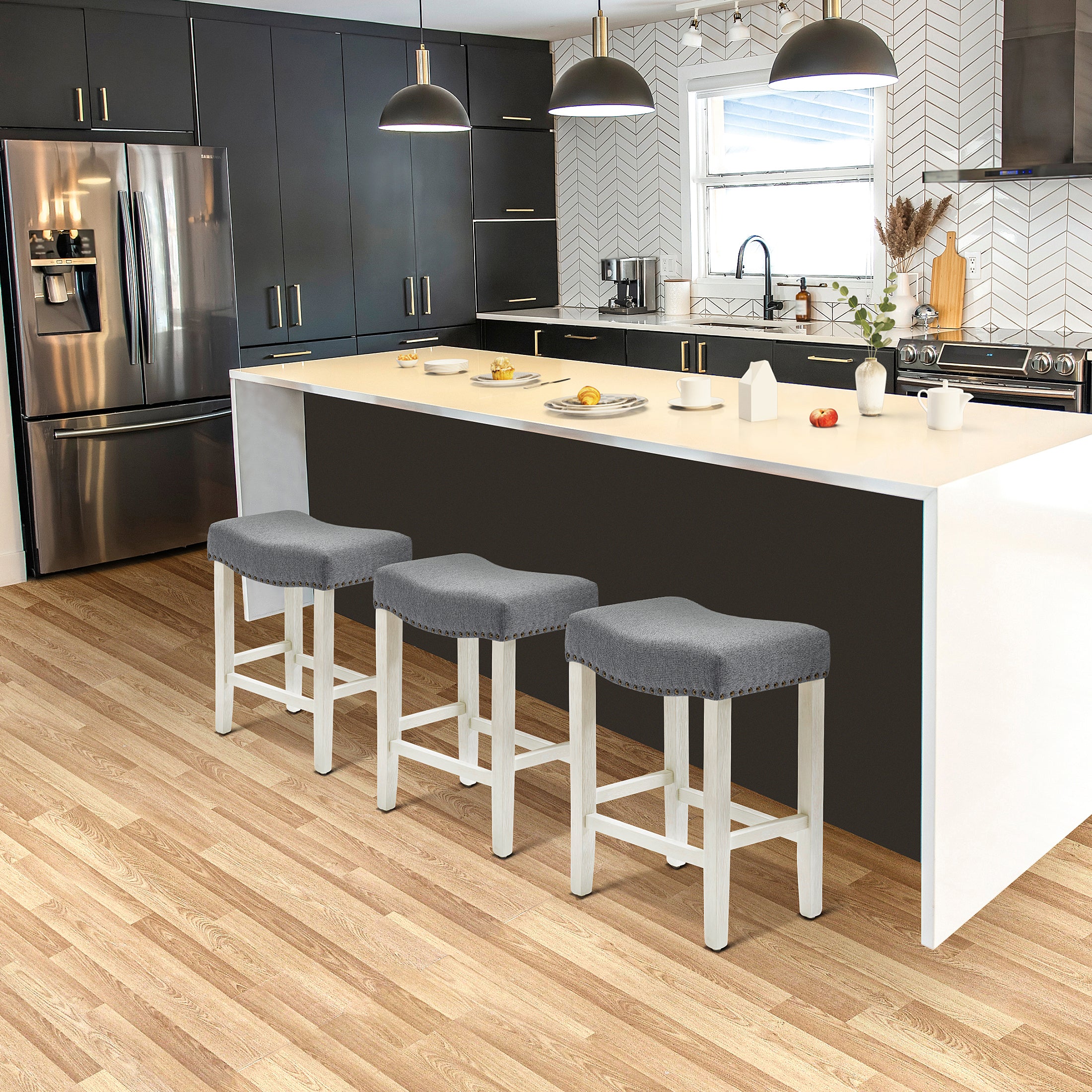 Bulmon 24" Upholstered Saddle Seat Antique White Counter Stool (Set of 3)