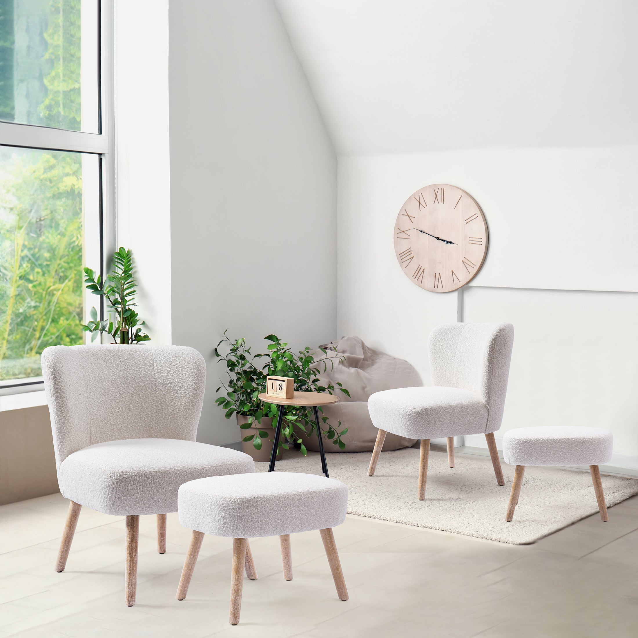 Amélie 4-Piece Set Mid-Century Boucle Accent Chairs with Ottoman Foot Stools