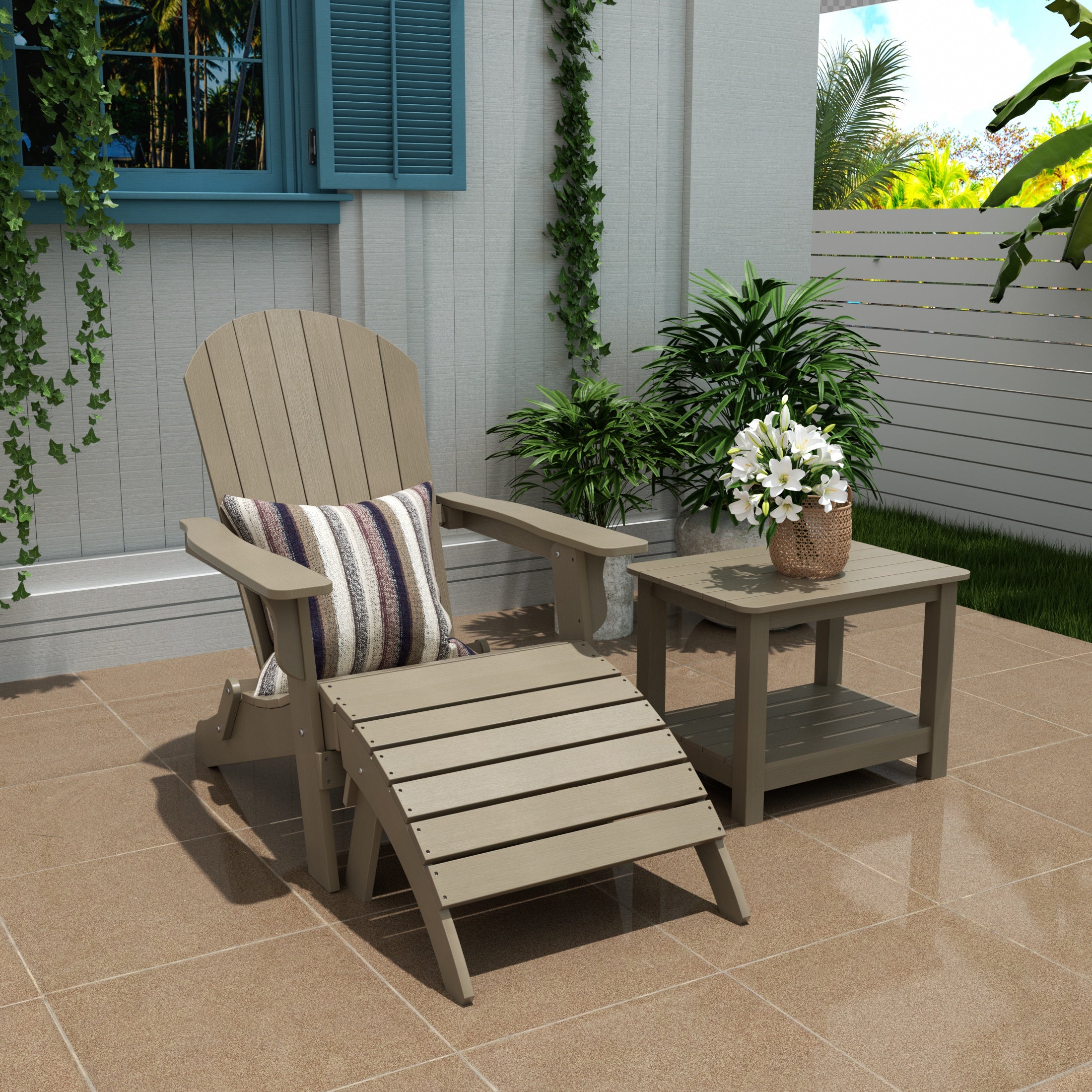 Florence 3-Piece HIPS Outdoor Folding Adirondack Seashell Chair With Folding Ottoman And Side Table
