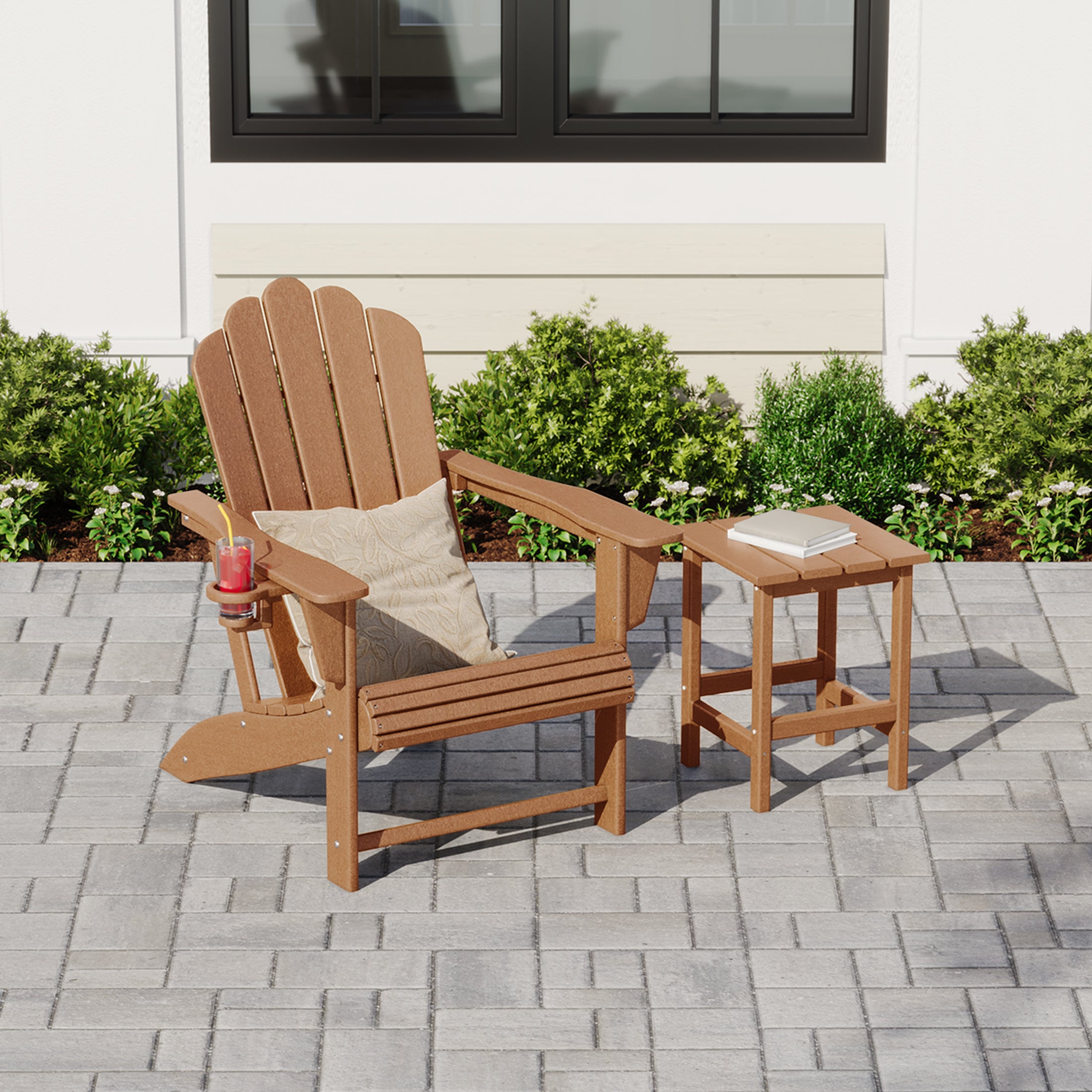 Lakeview Outdoor Patio HDPE Adirondack Chair With Cup Holder and Table Set