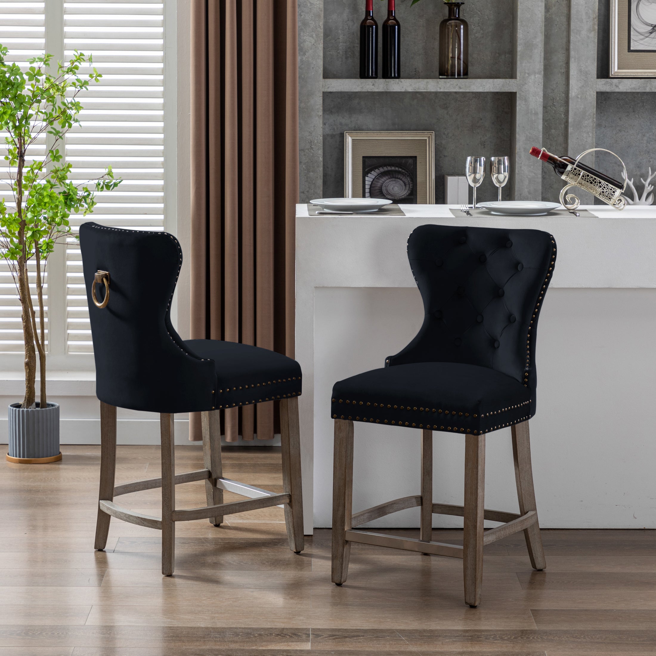 Hank 24" Tufted Velvet Counter Stool (Set of 2), Antique Gray
