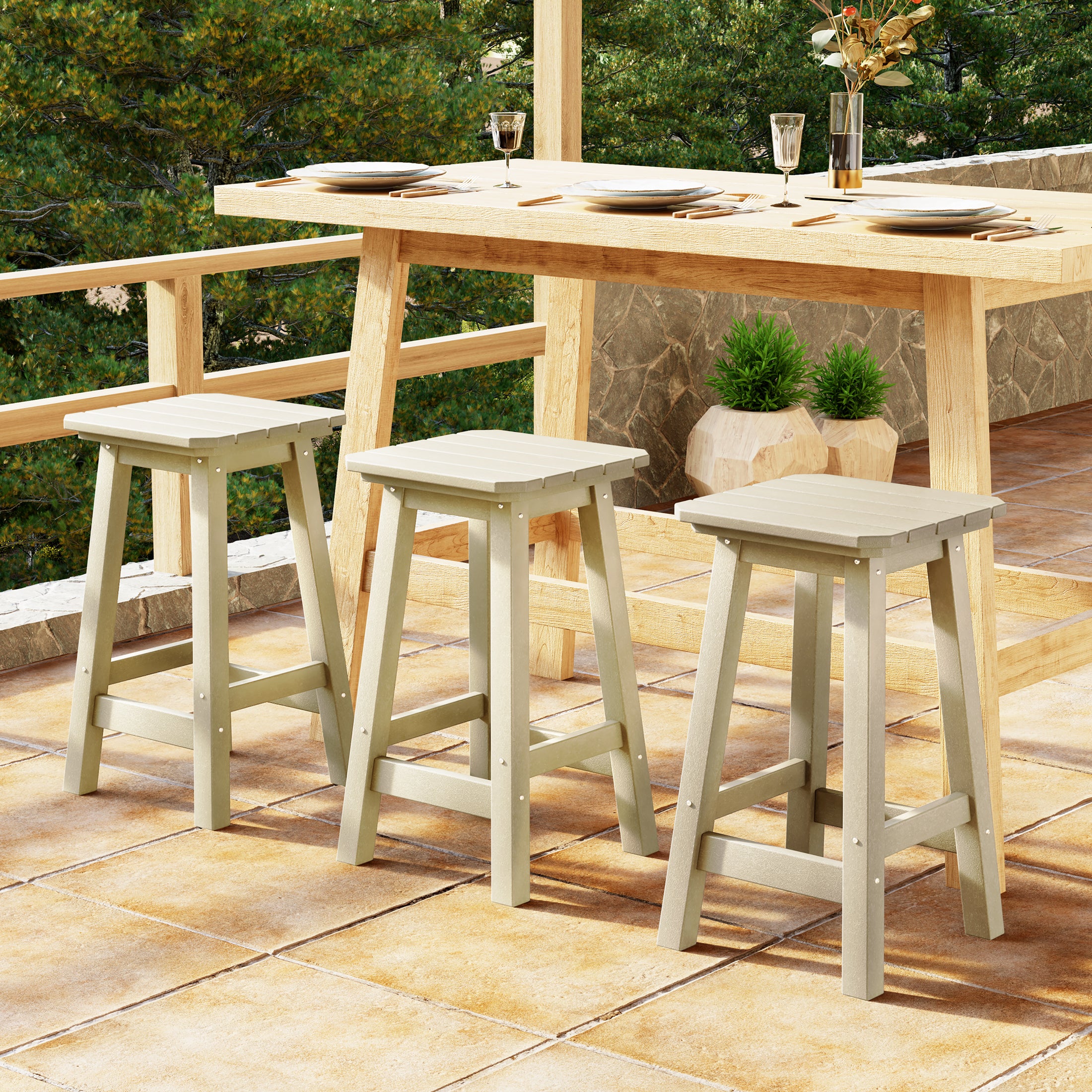 Paradise 24" HDPE Outdoor Patio Counter High Backless Square Bar Stools Set of Three