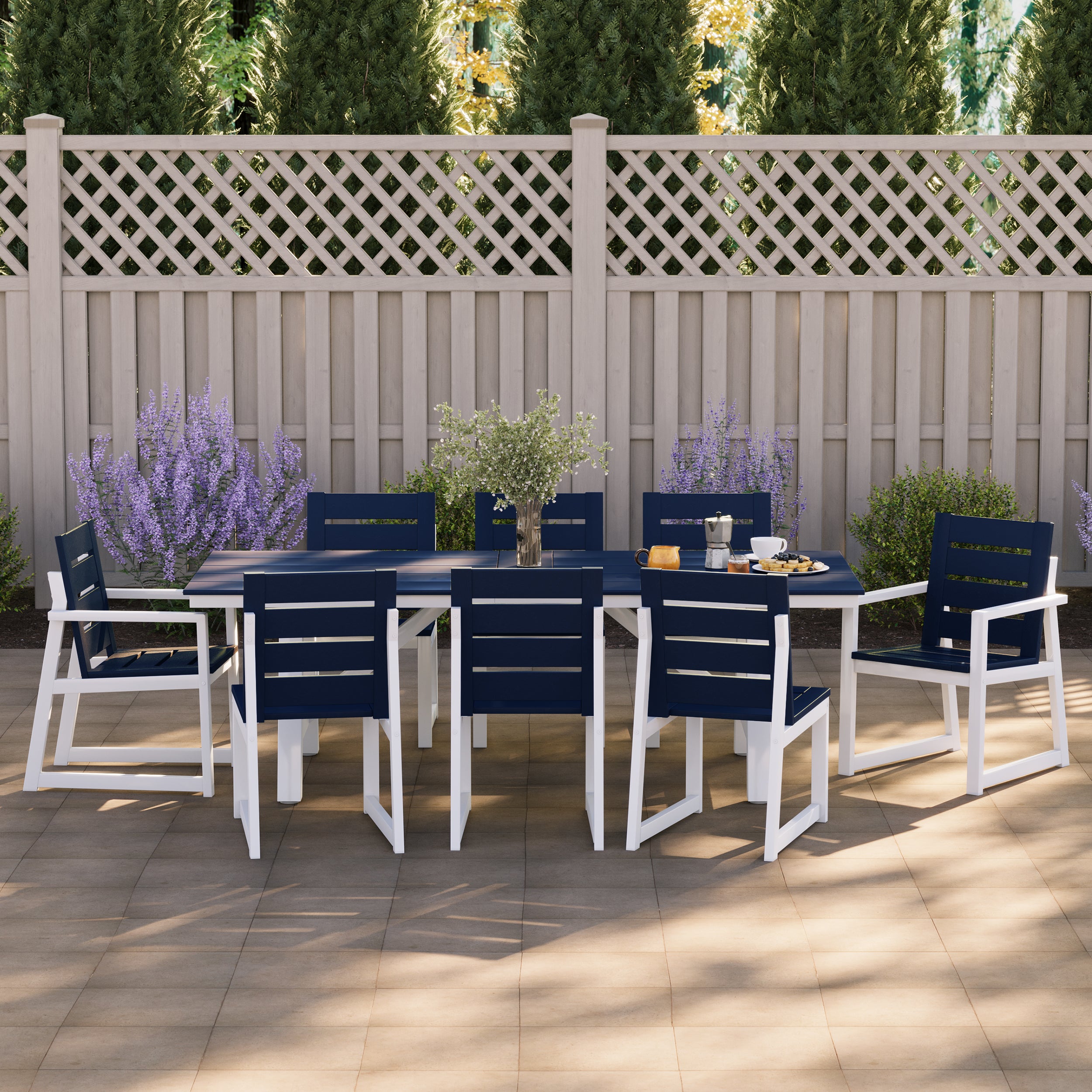 Stinson 9-Piece HDPE Outdoor Furniture Patio Dining Table With Umbrella Hole and Chairs Set For 8