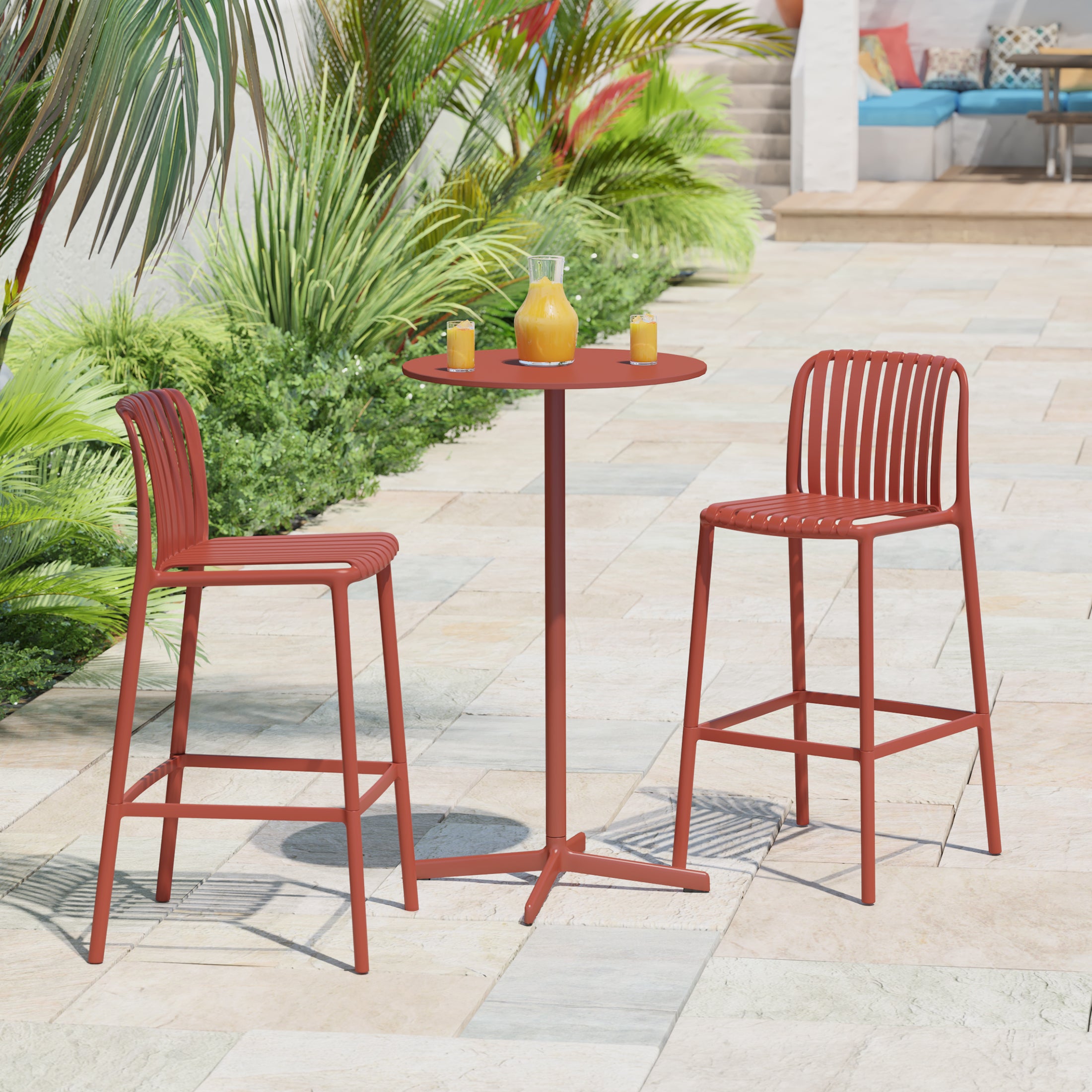 Sunshine 29.5" Outdoor Modern Polypropylene Plastic Patio Bar Height Stools (Set of 2)
