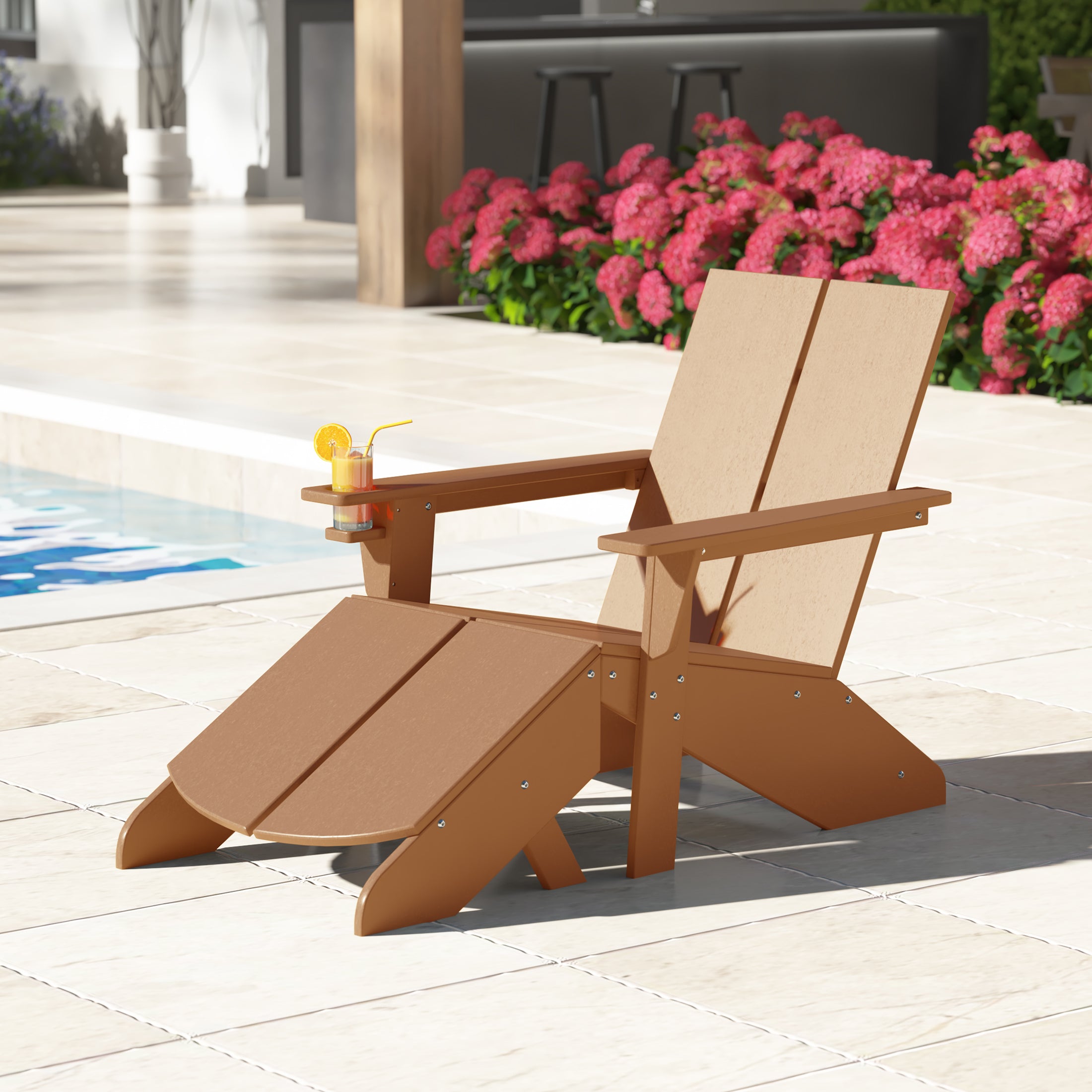 Seaview Outdoor HDPE Modern Adirondack Chair with Folding Patio Ottoman and Cup Holder