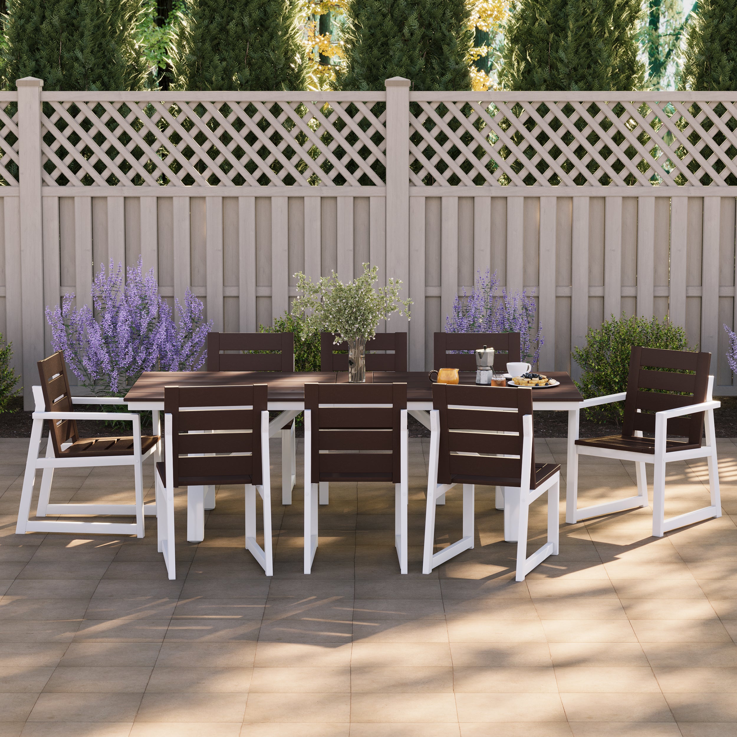 Stinson 9-Piece HDPE Outdoor Furniture Patio Dining Table With Umbrella Hole and Chairs Set For 8