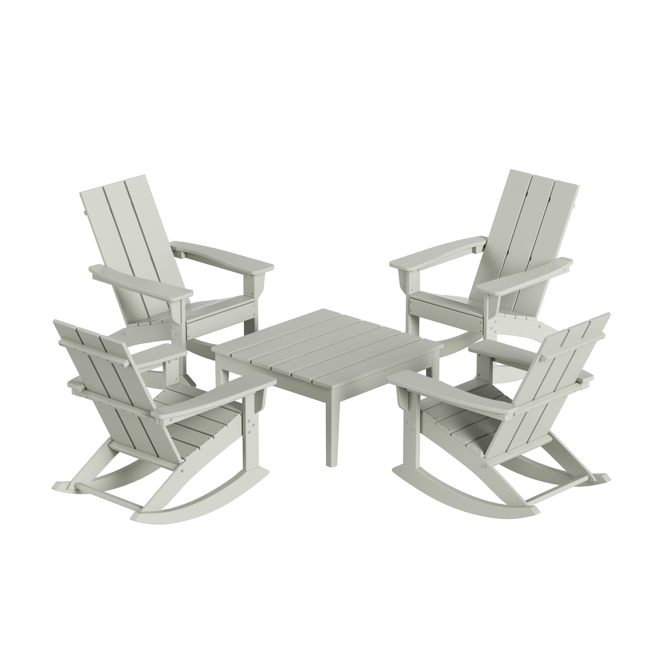 Palms 5-Piece Set Modern Plastic Outdoor Rocking Chairs with Square Side Table